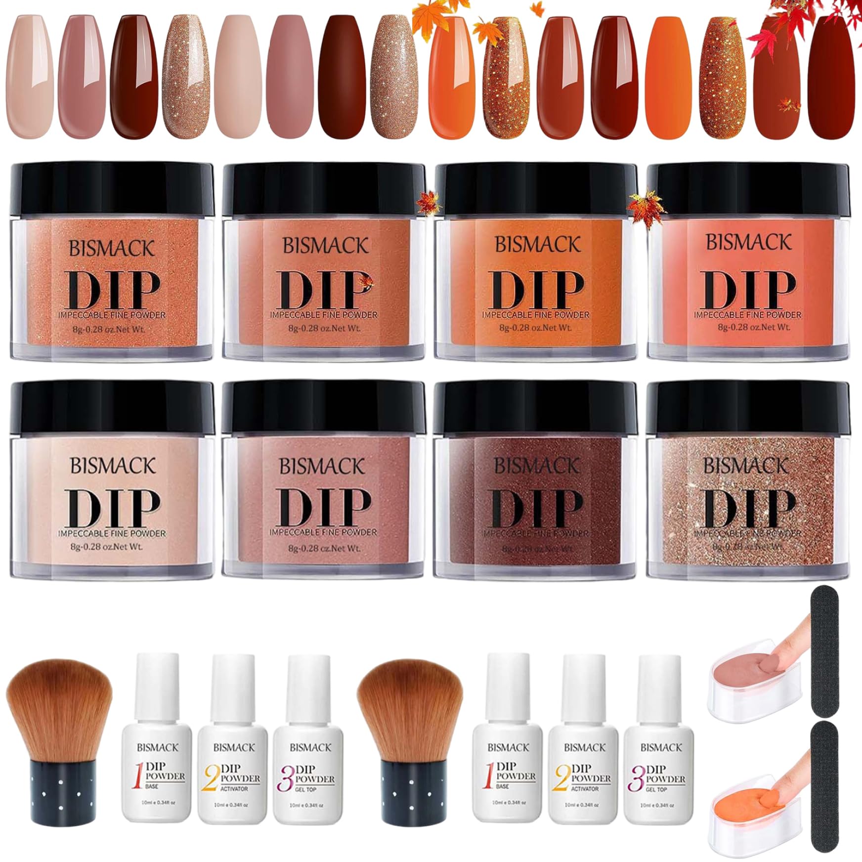 Kit de poudre de trempette 10pcs / ensemble, poudre trempette à 4 couleurs avec activateur base / couche finition, kits d'ongles pour bricolage, marron