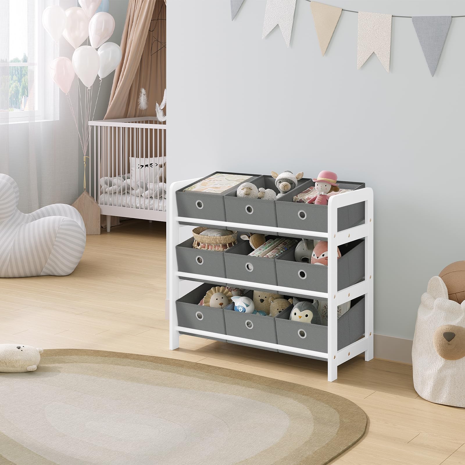 Lestarain Contenitore per Giocattoli con 9 Scatole Rimovibili, Scaffale per Bambini Organizzatore di Giocattoli, Libreria Montessoriana, Bianco+Grigio
