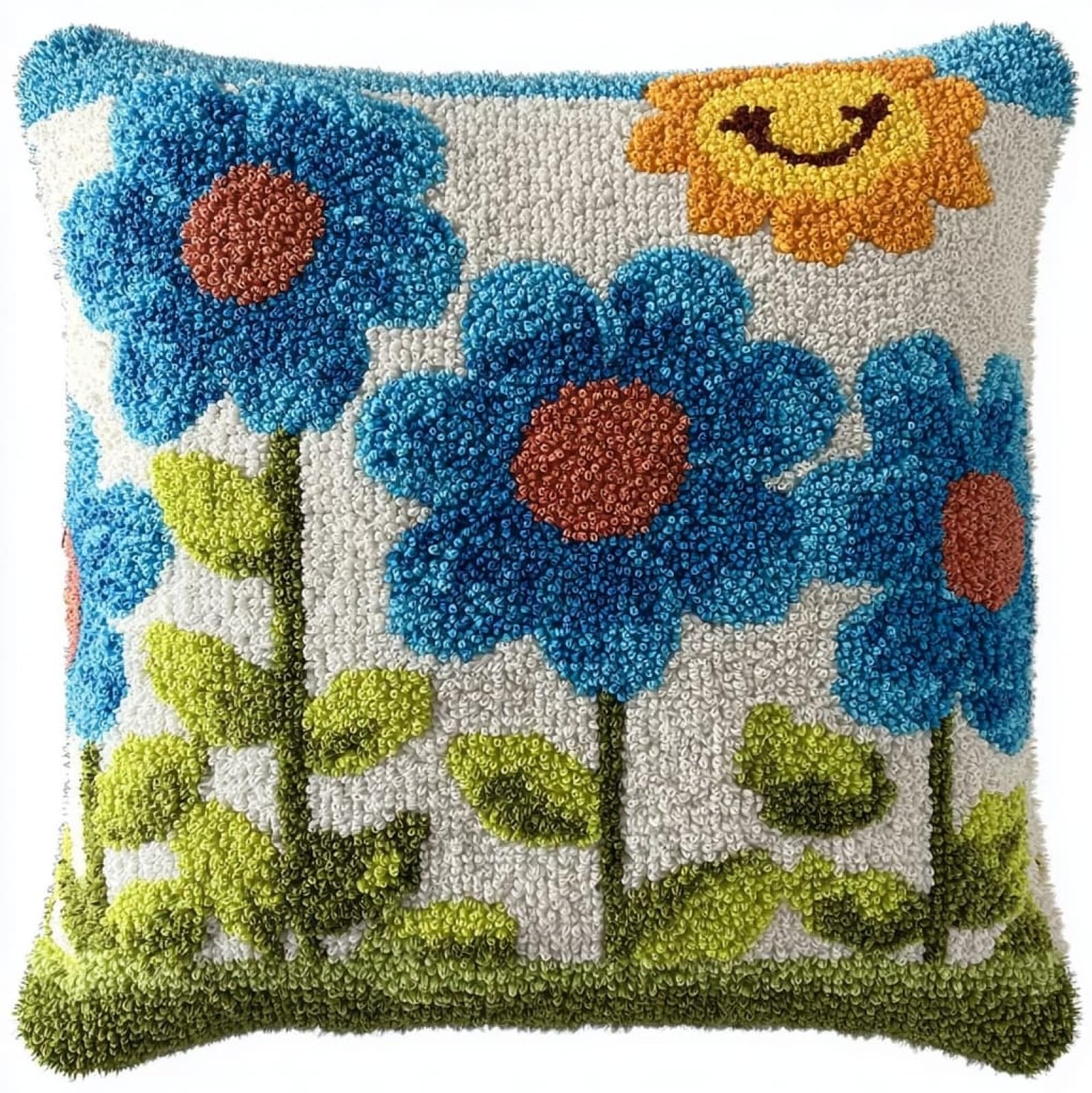 AxiangziK Latch Hook Pillow Kit,Blue Flowers Easy Crochet Needlework Cushion,DIY Cushion Cover Craft Set Suitable for Sofa,Armchair & Home Interior Decor