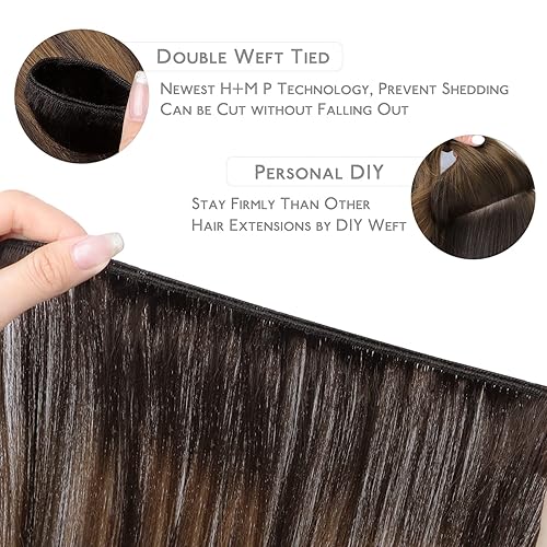 Miniatura 3 de WENNALIFE Extensiones de cabello humano real para coser, 18 pulgadas, 3.16 onzas, balayage, color marrón oscuro a castaño atado a mano, extensiones