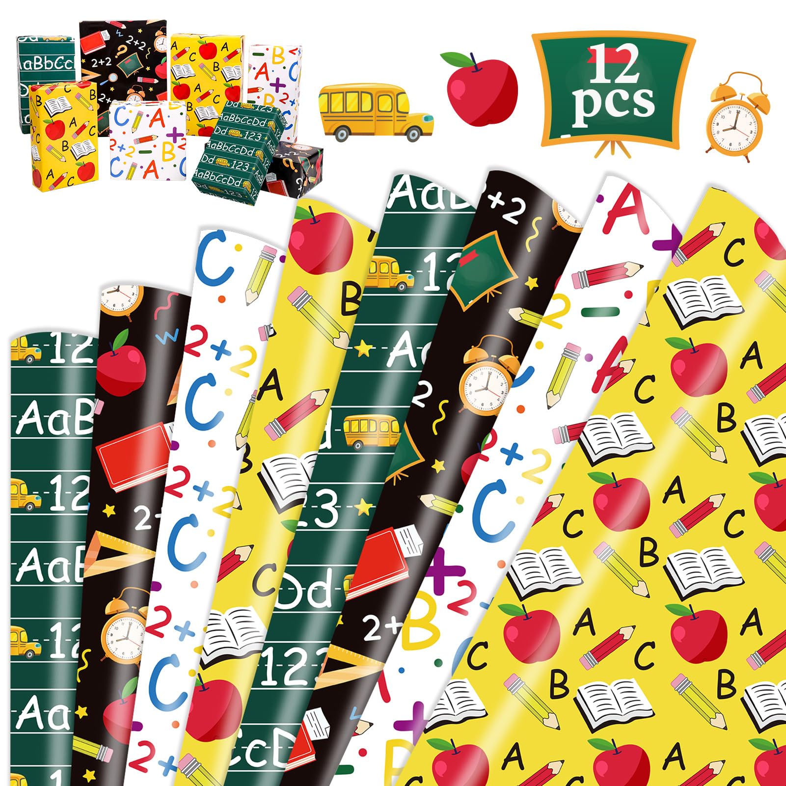 HOWAF 12 Sheets Back to School Wrapping Paper Welcome Back to School DIY Crafts Gift Wrap Paper Apple 123 Pencil Kraft Paper Folded Flat for First Day of School Gift Packing Decoration Party Supplies 4 Designs