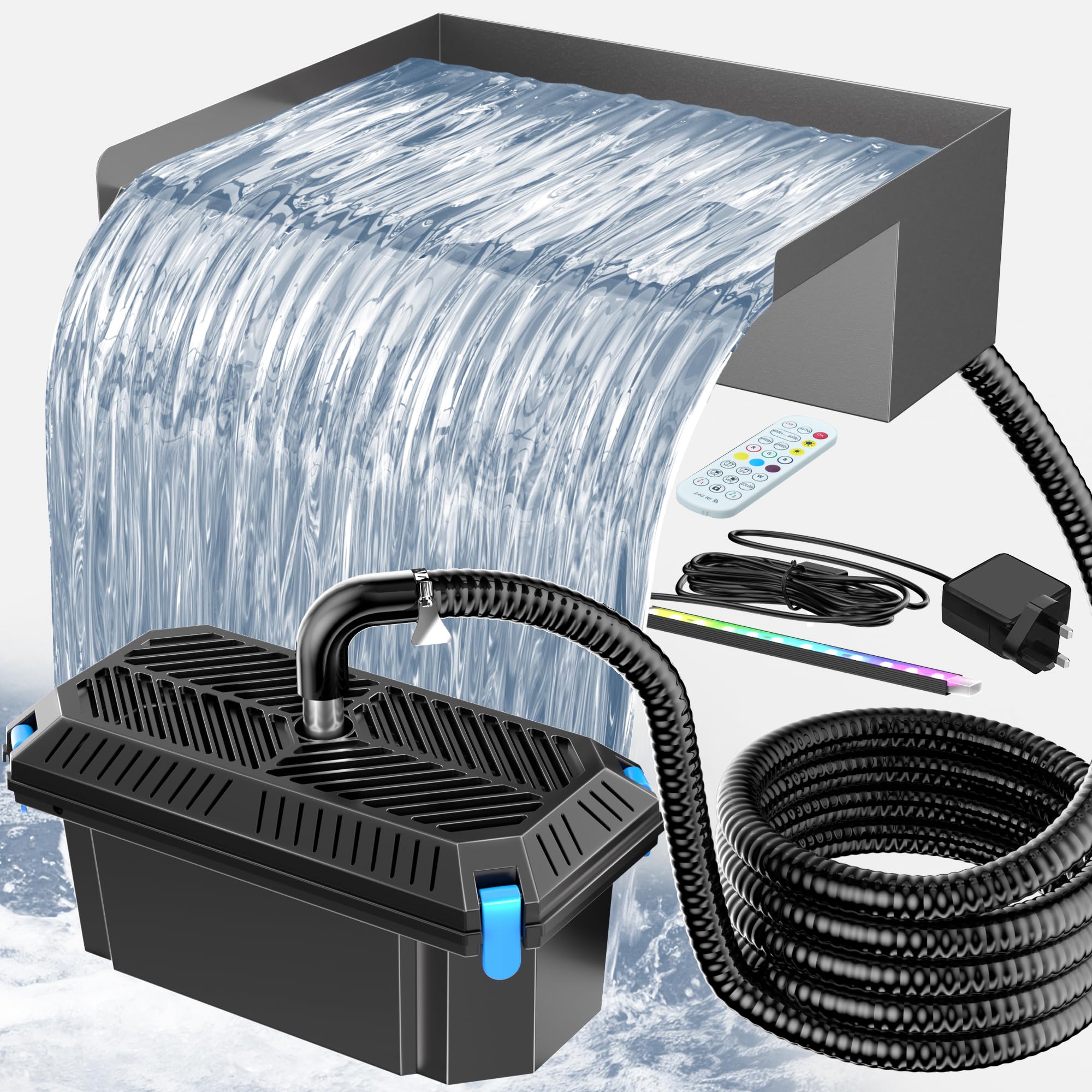POPOSOAP Pond Waterfall Kit, 30cm Wide Stainless Steel Spillway with 3-Stage Filter, 2500 L/H Pond Pump, RGB LED Lights, 3m Tubing for Garden Ponds