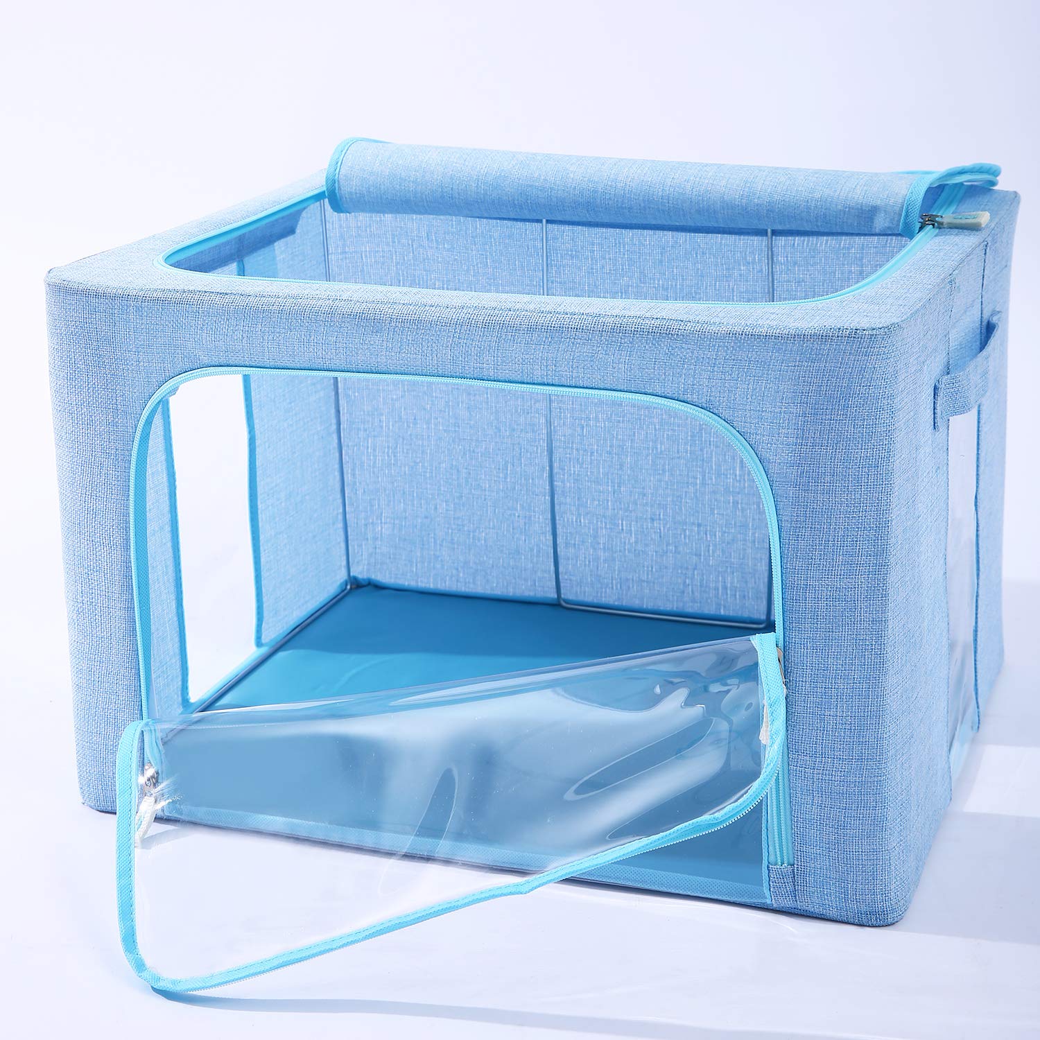 Clothes Storage Bins Box - Linen Fabric Foldable Stackable Container Organizer Set with Clear Window & Carry Handles & Metal Frame (Light Blue, Extra Large-100L)
