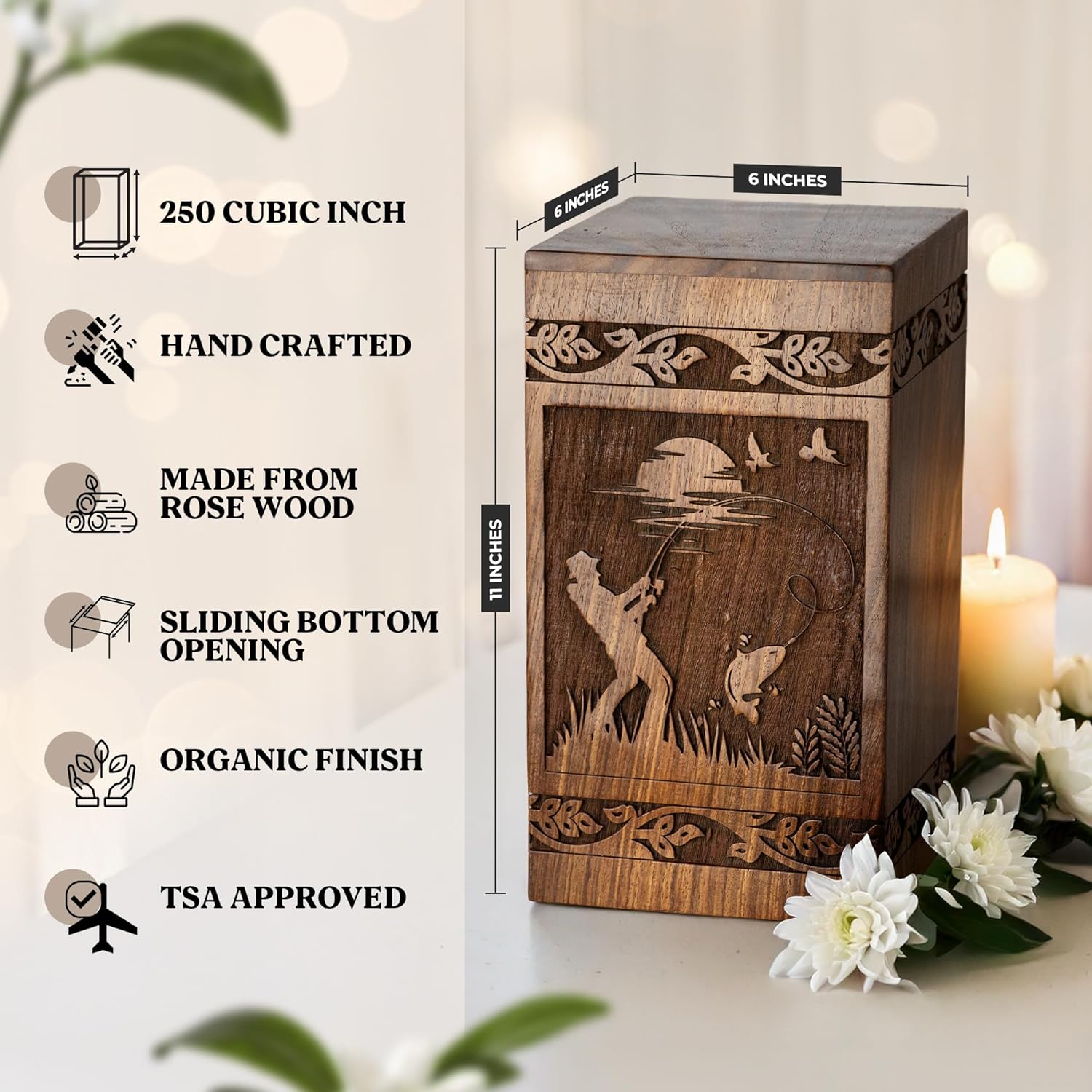 Wooden Cremation Urn for Human Ashes Adult – Fishing Theme, Up to 250 lbs Capacity Memorial Urn for a Loved One Who Loved The Outdoors, Decorative Burial & Home Display Urn for Men & Women. - Image 2