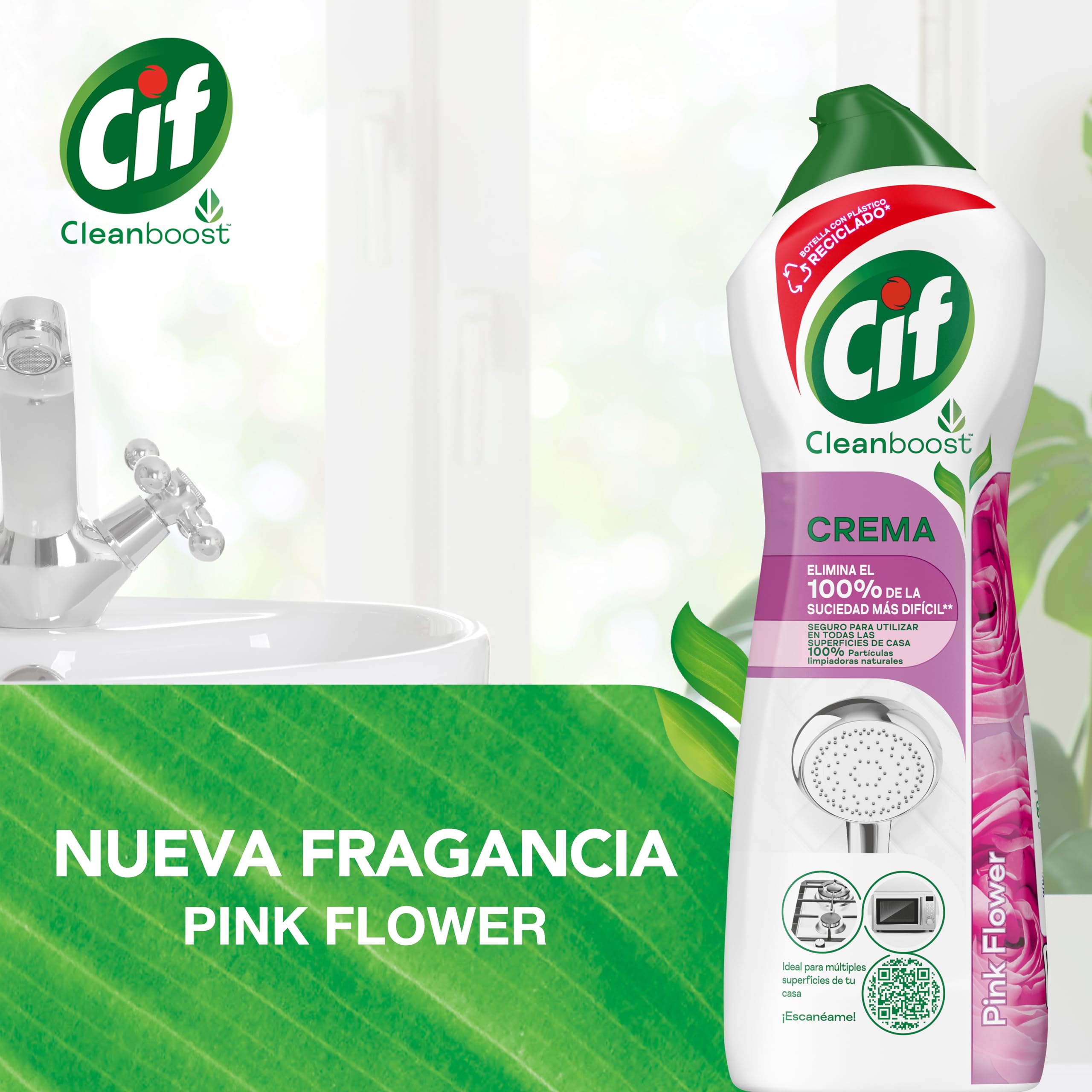 CIF Crema Limpiadora Rosa | Potente Limpiador de Superficies Multiusos Baño y Cocina | Con Fórmula Partículas de Limpieza 100% Naturales | Elimina el 100% de la Suciedad más Dificil. 650 ml.