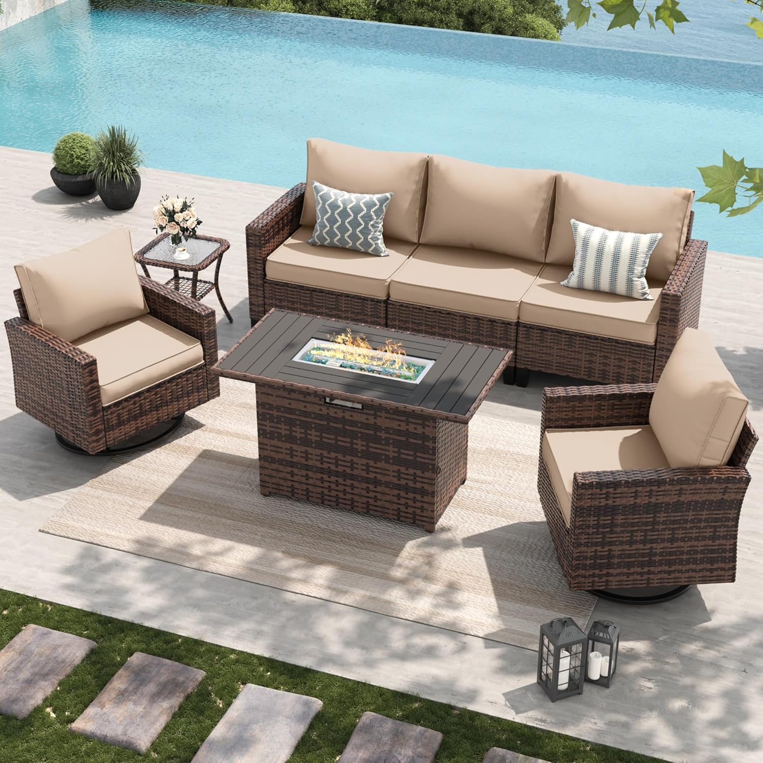 Amopatio Patio Furniture Set, 5-Piece Wicker Outdoor Sectional Sofa with Swivel Rocker Chairs, All-Weather Rattan Conversation Set with Fire Pit Table and Waterproof Cover for Backyard Brown/Khak