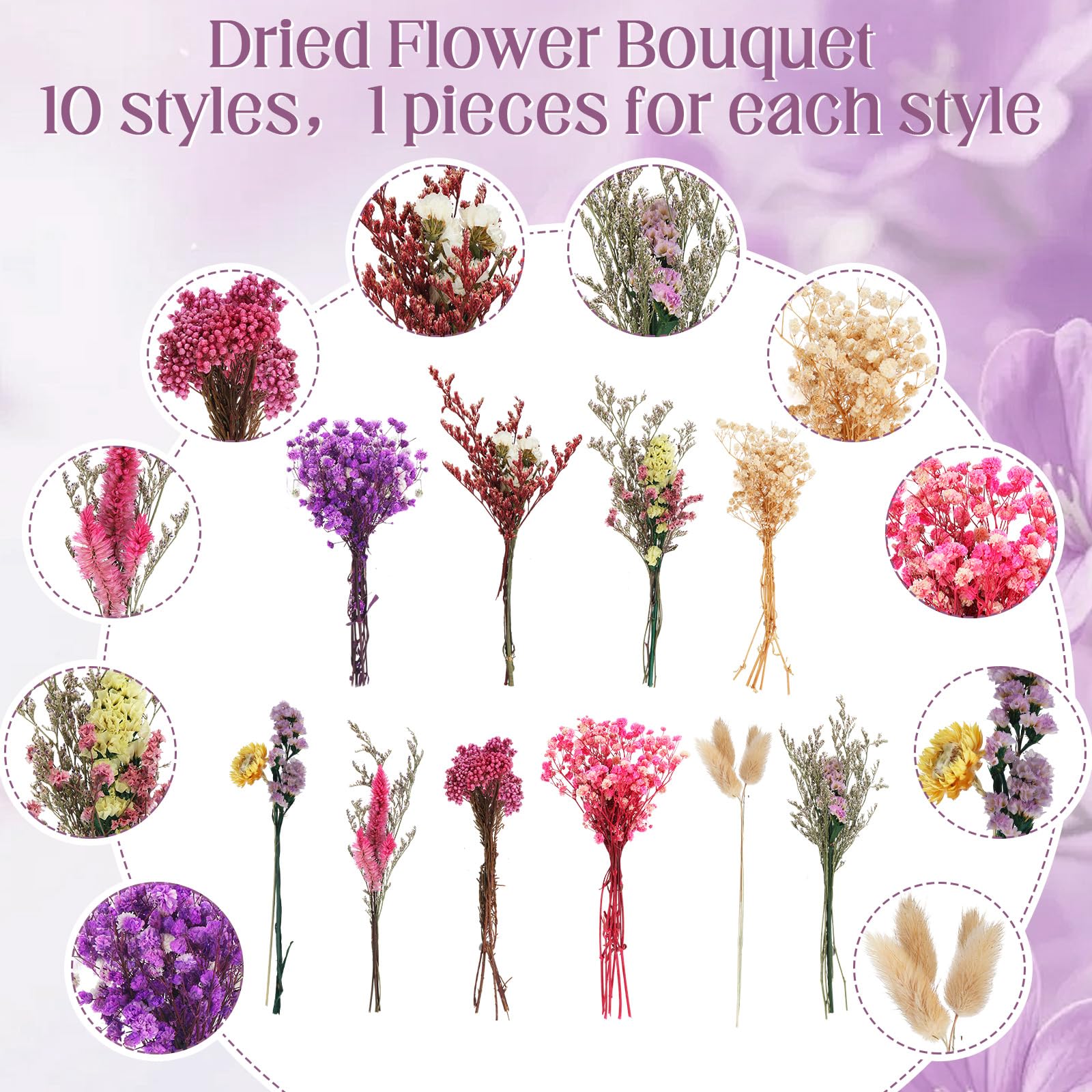 Nuanchu Set di 10 fiori secchi per vaso, centrotavola per matrimoni, 10 piccoli vasi in vetro, 10 bouquet di fiori secchi con corda per baby shower, decorazione rustica per feste nuziali in fattoria