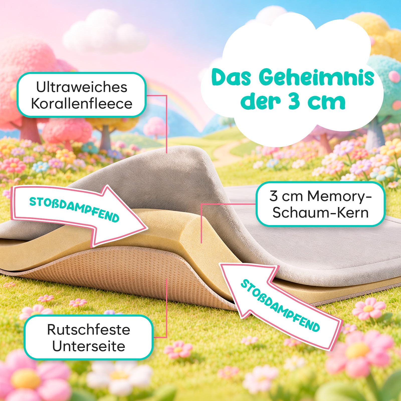 Krabbelmatte Baby 150x150 cm – 3 cm dicke Memory-Foam Spielmatte – Ungiftig, Rutschfest & Stoßdämpfend – Weicher Spielteppich für Babys & Kleinkinder – Avec Maman