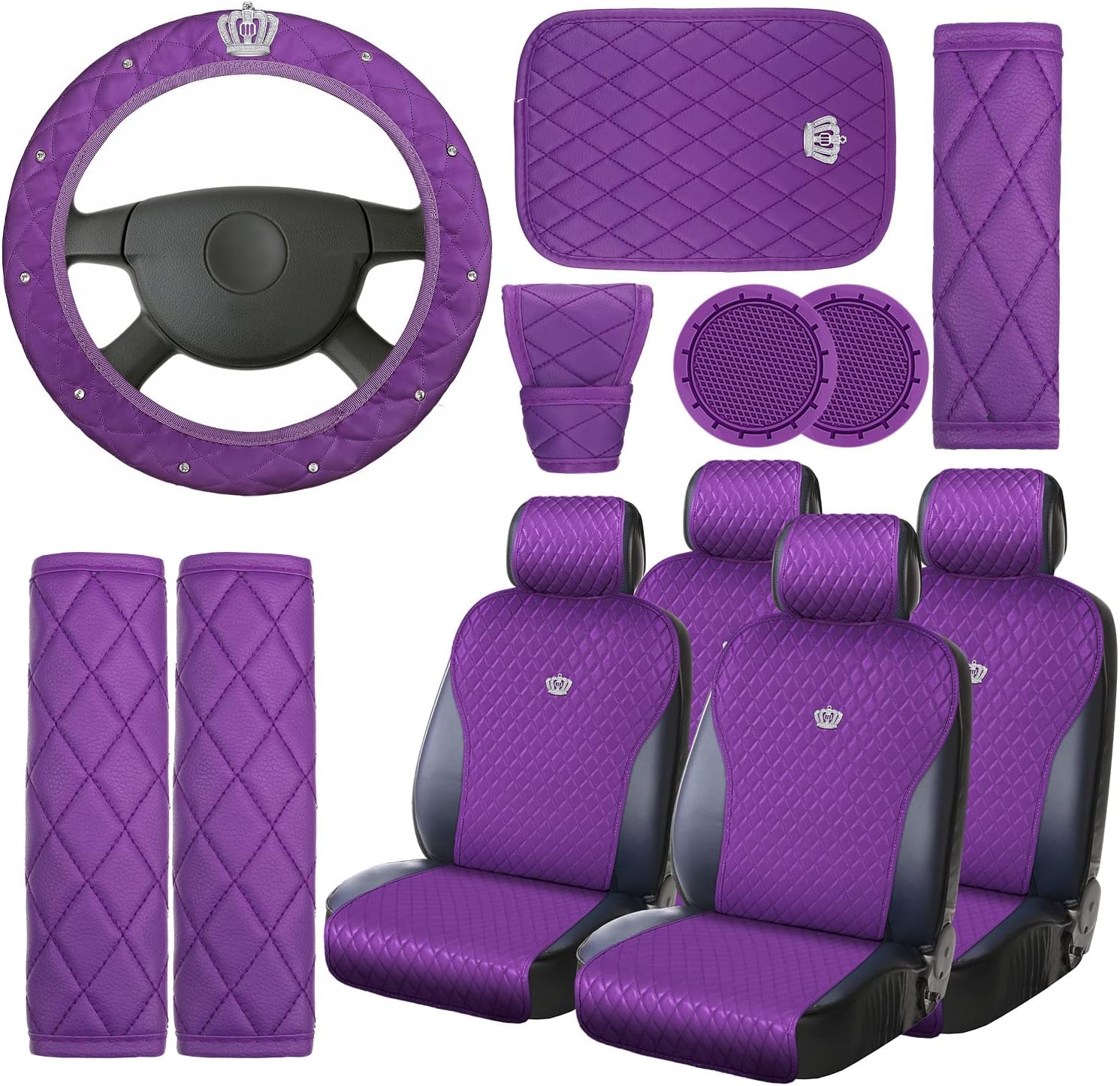 Estune 19PCS Purple Car Accessories Set Leather Car Seat