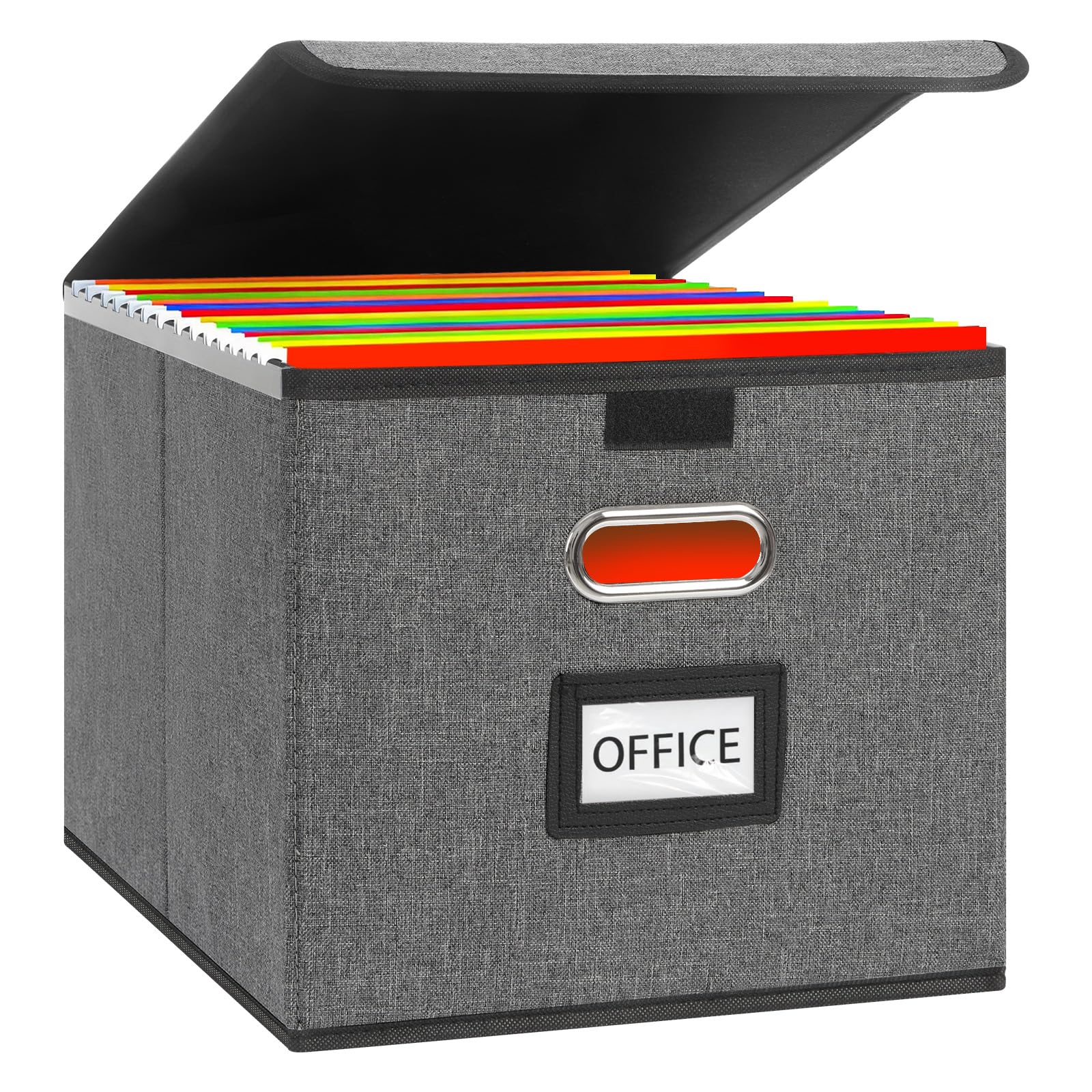 FERNVALE Portable File Boxes with Lid, Leather Fabric Hanging File Storage Box, Foldable Document Storage Box for A4 Files, Office File Sorter & Storage Organizer with Handle (Linen Dark Grey)