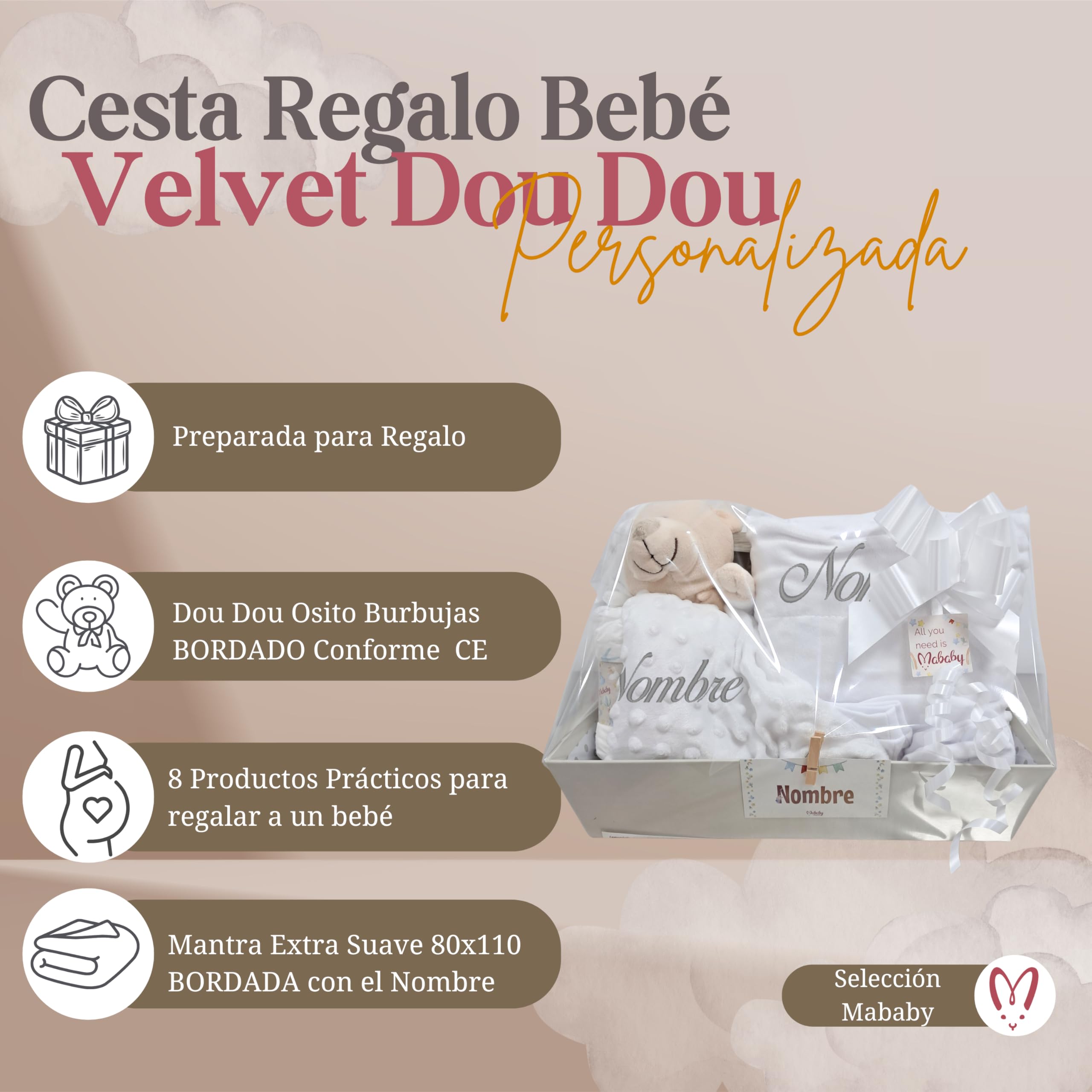 Velvet Canastilla Bebé Personalizada Niña con Manta Burbujas, Dou Dou de Apego y Primera Puesta, Regalo Baby Shower