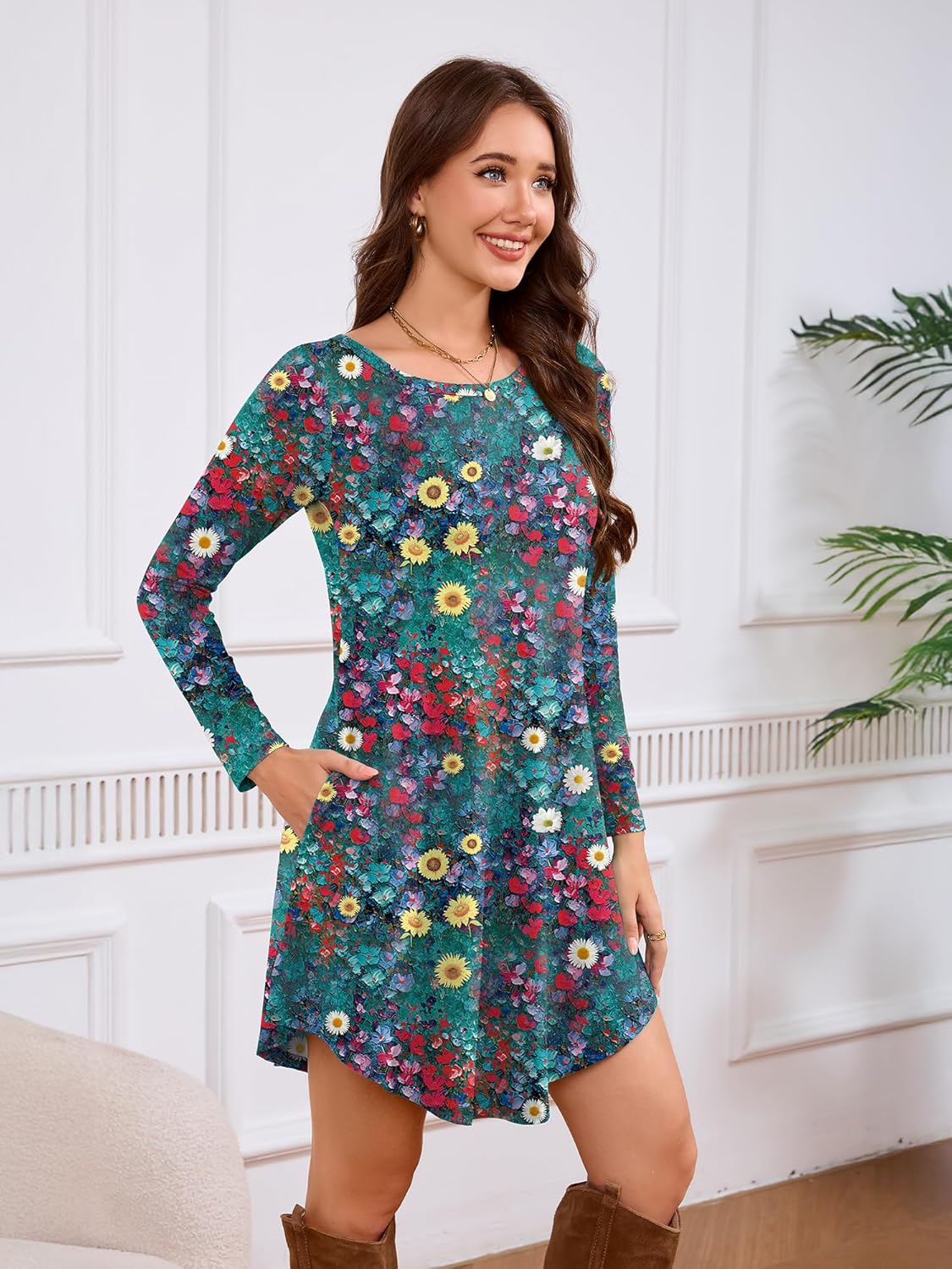 DEARCASE Women's Long Sleeve T Shirt Dress Crewneck Knee Length Loose Casual Flowy Swing Tunic Dresses with Pockets - Image 2