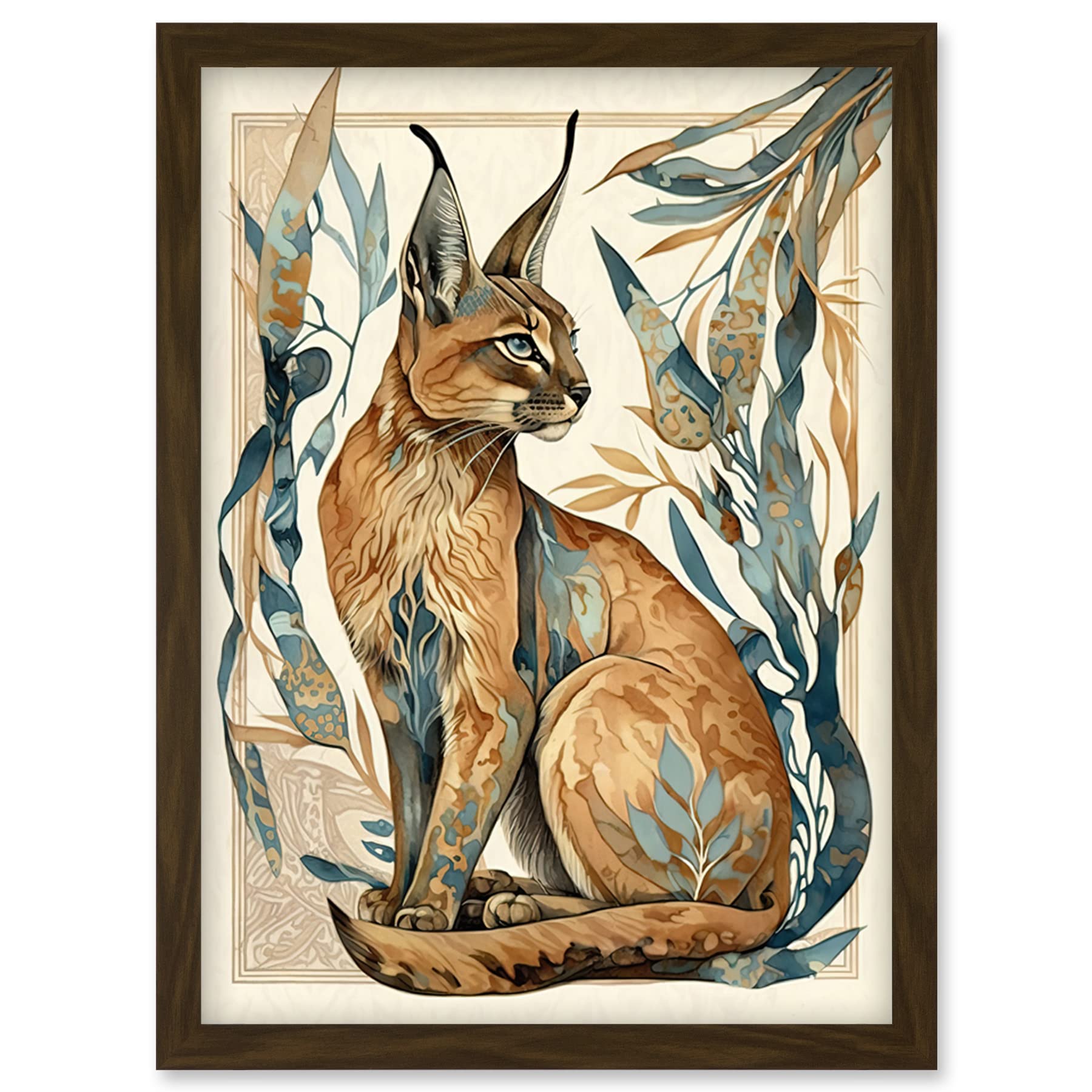 Artery8 Caracal Cat with Teal Plants Modern Art Nouveau Watercolour Illustration Artwork Framed Wall Art Print A4
