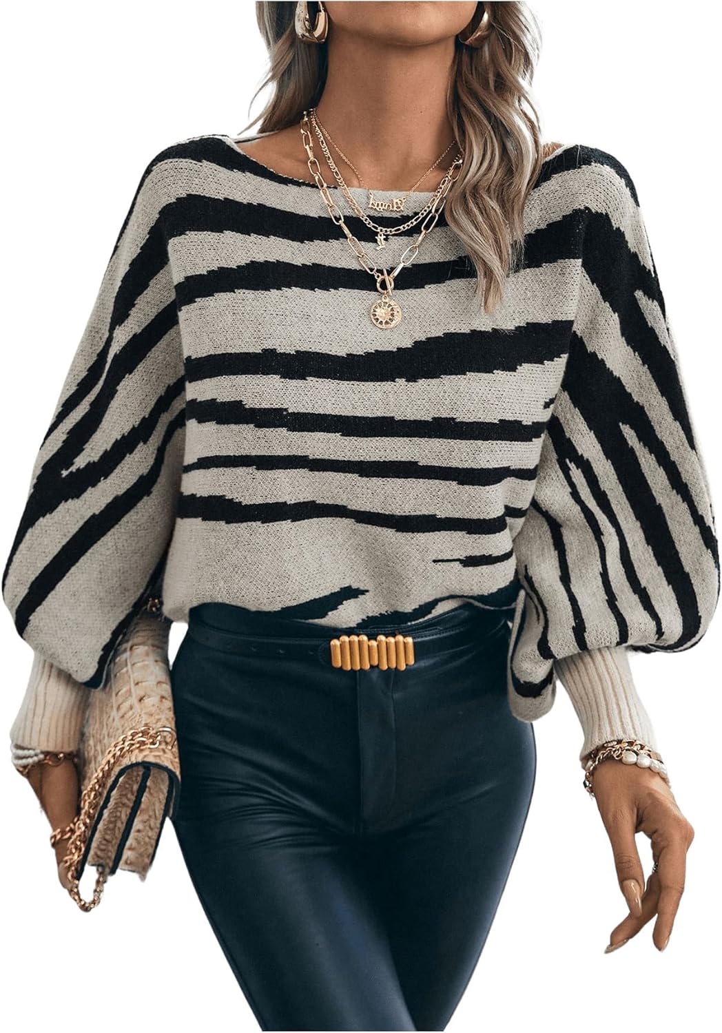 GORGLITTER Women's Animal Print Sweaters Stripe Oversized Long Sleeve Boat Neck Knit Pullover Tops Fall Trendy 2025 - Image 2