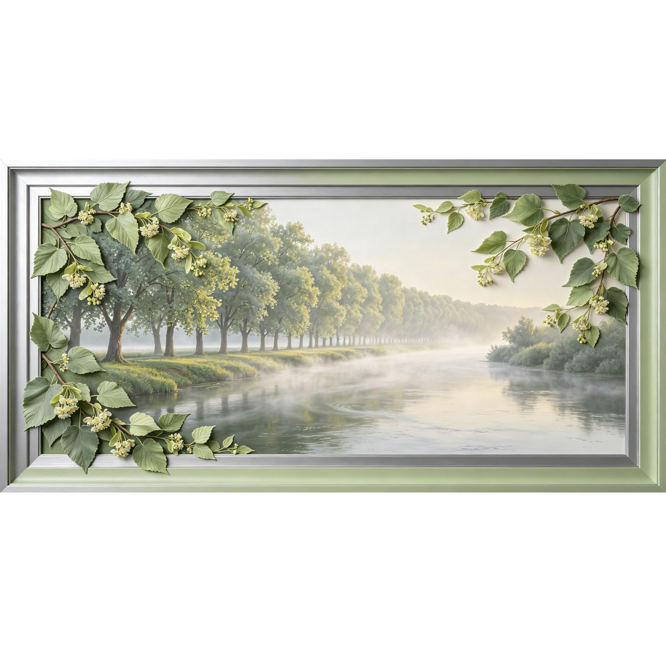 Agglomerix 3D Framed Wall Art Linden Tree River Mist Botanical Nature Landscape Relief Effect Large Size SelfAdhesive Removable Wall Decor Prints Artwork for Living Room Bedroom Office