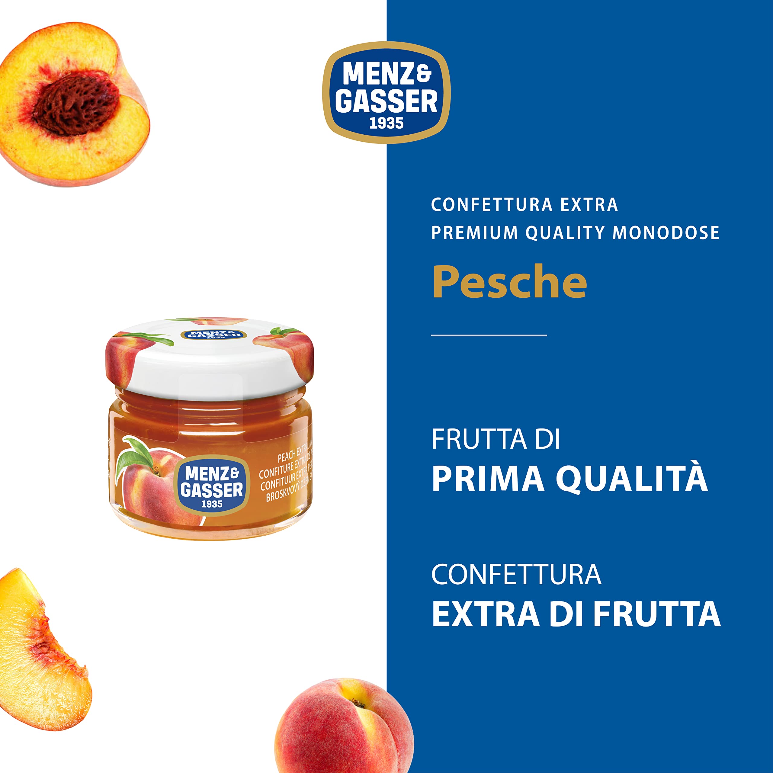 Menz&Gasser Confettura Extra di Pesche Monodose Premium Quality, con Frutta di Alta Qualità, 48 Vasetti x 28 g