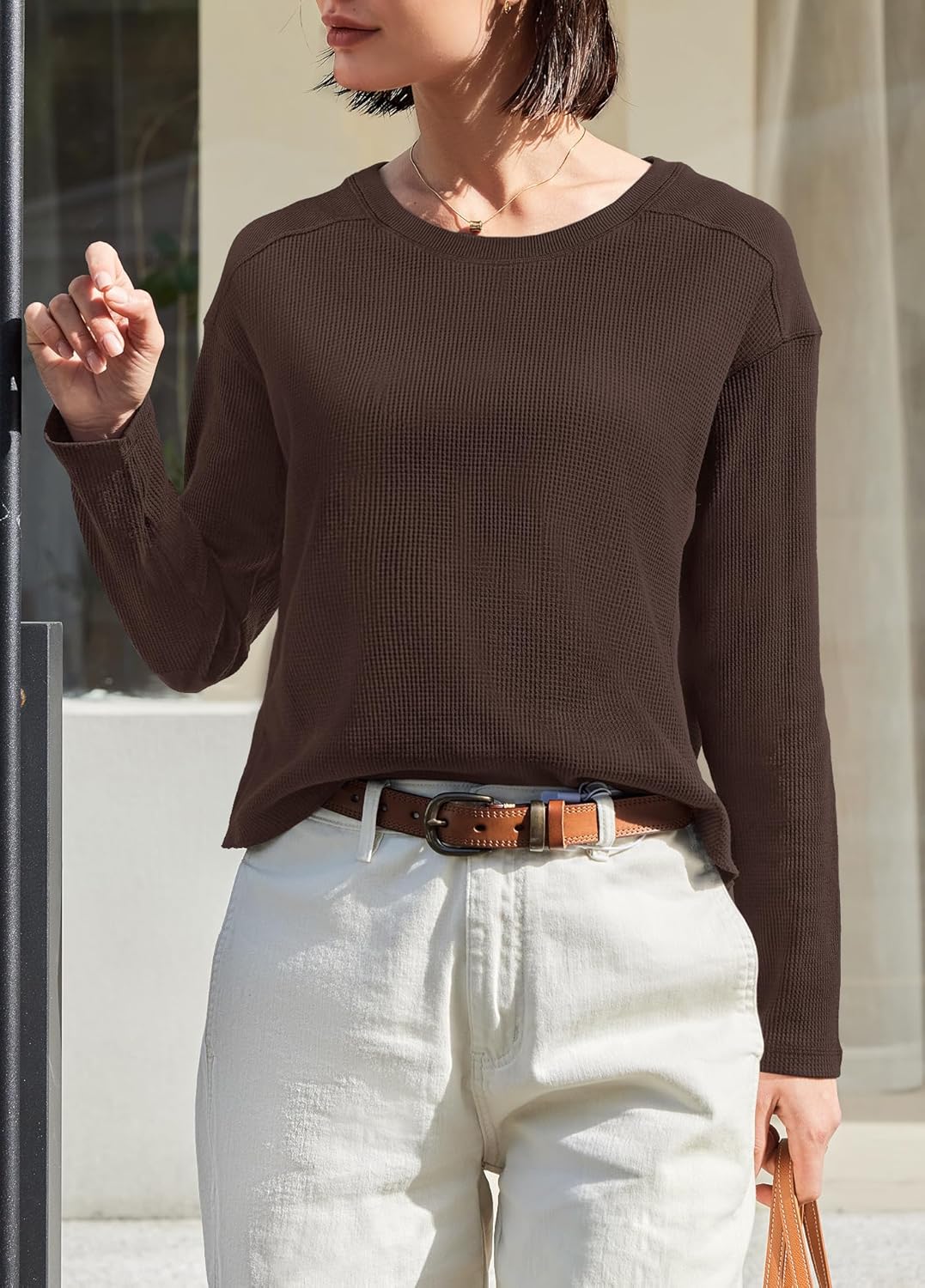 Yanekop Womens Waffle Knit Tops Long Sleeve Tunic Top Oversized T Shirts Crewneck Casual Pullover Fall Outfits 2025 - Image 3