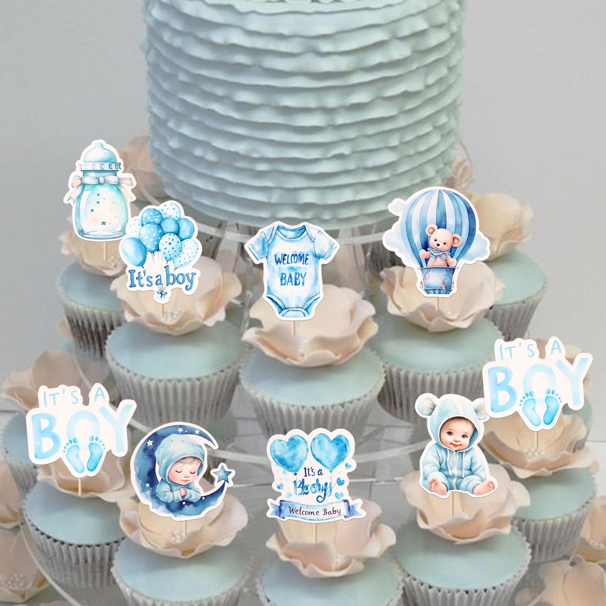 SYKYCTCY 40 Pack Baby Boy Cupcake Topper It's a Boy Cupcake Picks Blue Moon Baby Bottle Hot Air Balloon Cake Decorations for Welcome Baby Theme Gender Reveal Baby Boy Bithday Party Supplies - Image 3