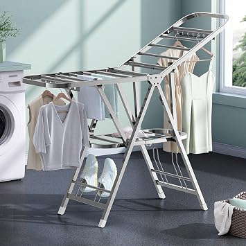 Foldable 2 Level Clothes Drying Rack with Height Adjustable Wings Large Free Standing Laundry Rack for Towels and Clothing Space Saving Hanger Stand