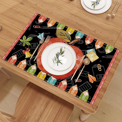 Miniatura 4 de Juego de 4 manteles individuales de lino con diseño de manzana, acuarela, para el primer día de escuela, decoración y suministros para el hogar,