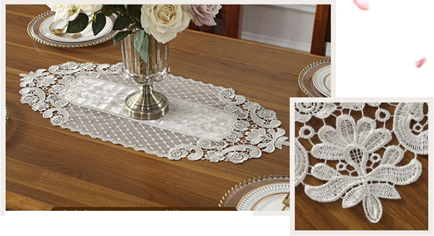 Table Runner,30x250CM,Flower Pattern with Lace Home Decor Table Runner Polyester,Table Runner Gray