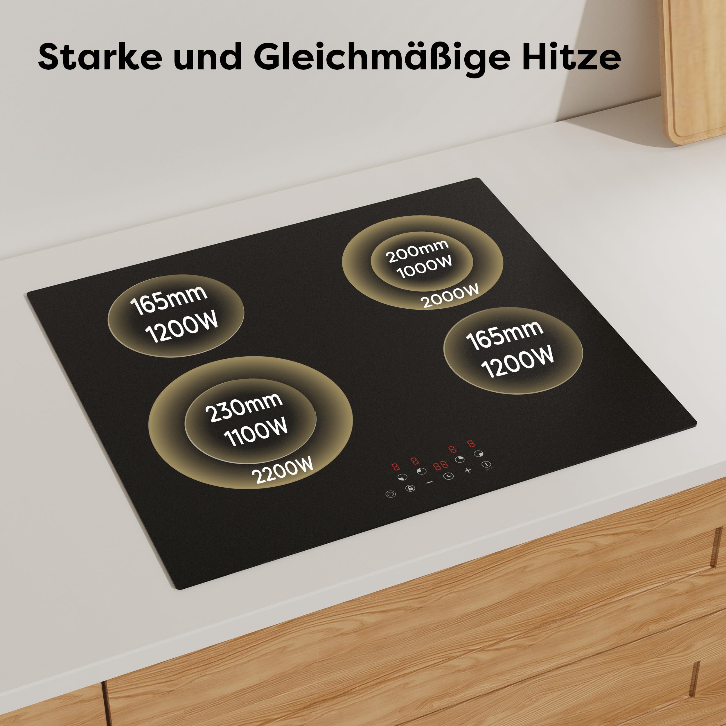 CDV Glaskeramikkochfeld 4 Kochzonen 60 cm 6600 W | Autarkes 60-cm-Einbaukochfeld ohne Stecker, mit Touch, Timer, Kindersicherung und Restwärmeanzeige