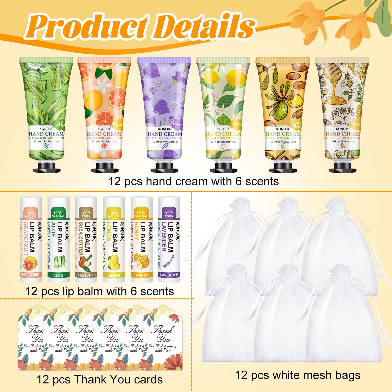 KONEUK 12 Pack Bulk Hand Cream and Lip Balm Set for Women, Mothers Day Gifts, Teacher Appreciation Gifts, Nurse Gifts, Bridal Shower Favors, Wedding Shower Favors and Bulk Gifts for Guests