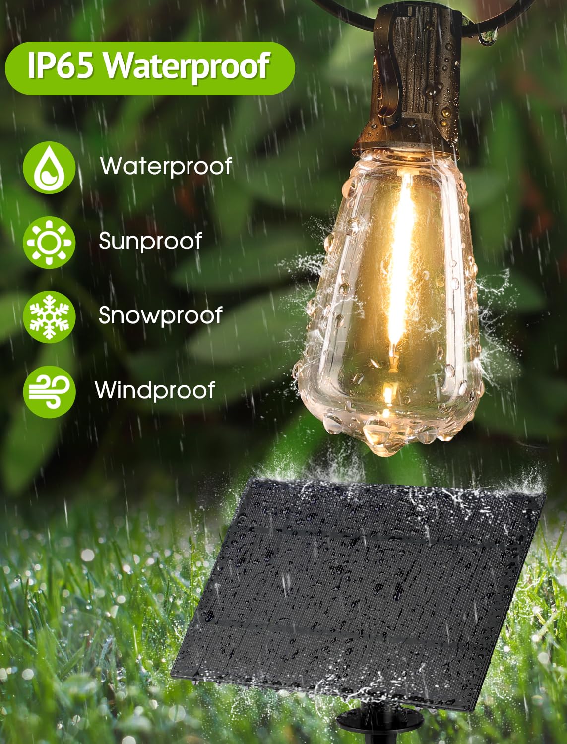 Larkvue Guirnalda de luces solares de 48 pies para exteriores con control remoto, luces de patio regulables impermeables con 15 + 1 bombillas LED ST38, 3 modos de iluminación colgante para patio