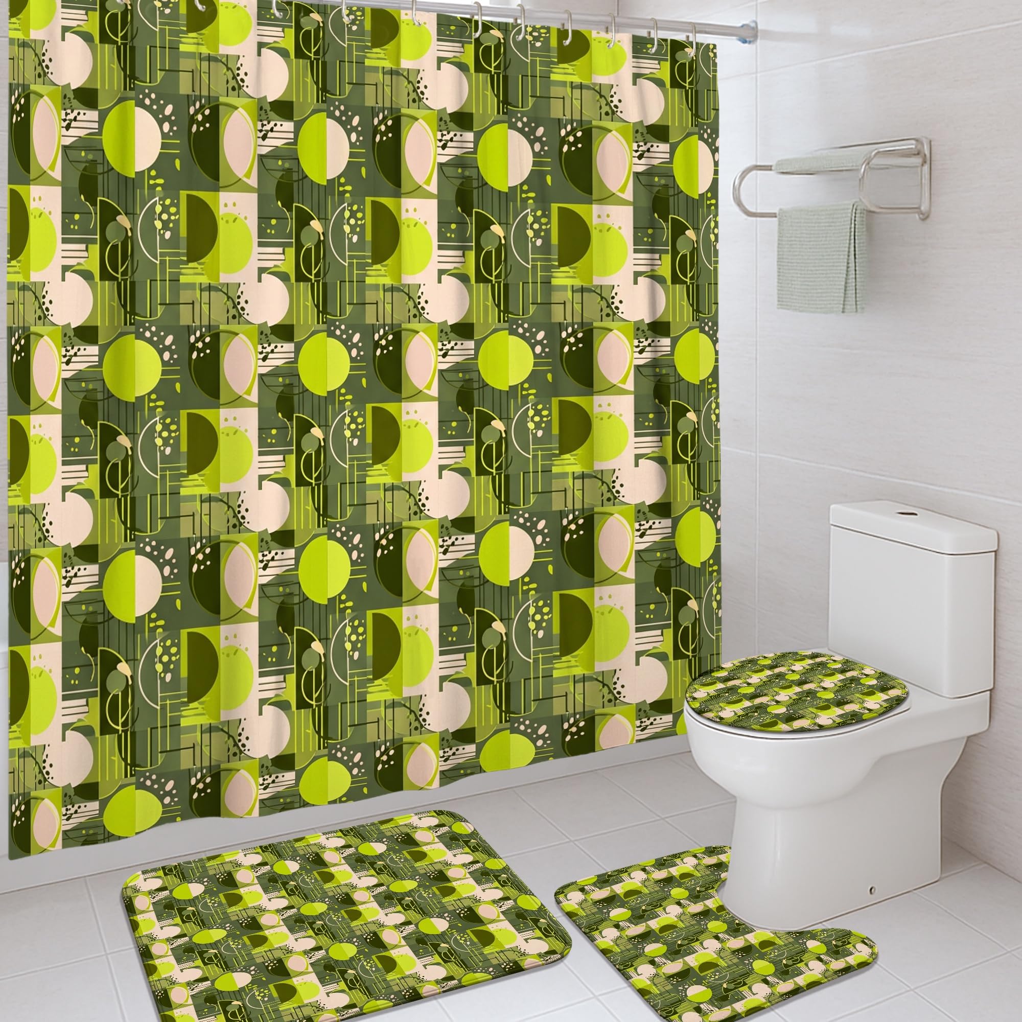 Rideau de douche rond 183x183 avec tapis de bain, rideaux imperméables vert printemps