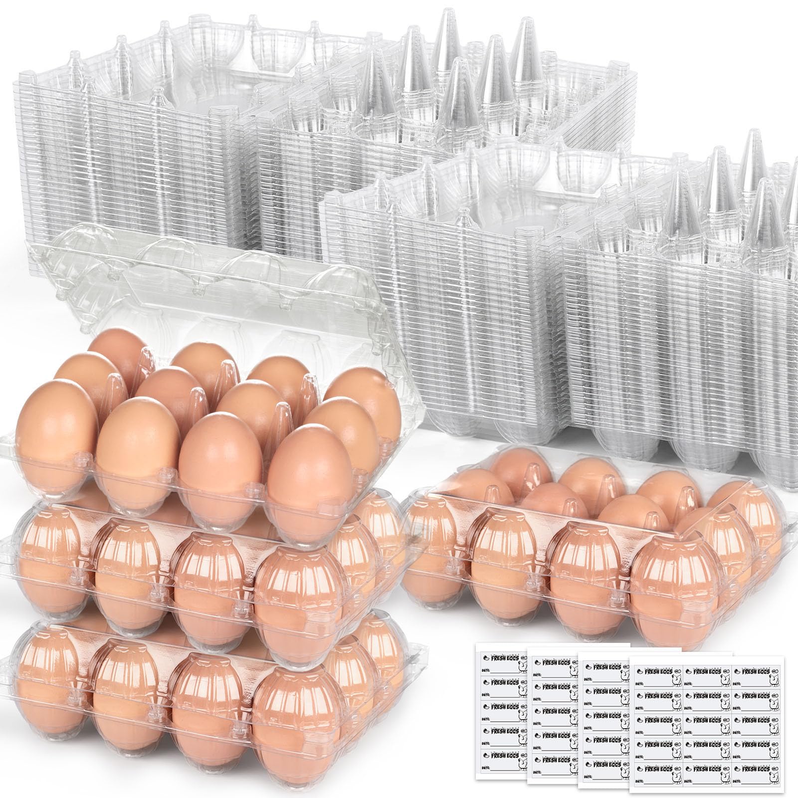 LOVEINUSA 60 Pack 12-Count Clear Plastic Egg Cartons with 60 Date Labels, Reusable PET Dozen Egg Holders for Medium Chicken Eggs, Clamshell Cartons for Farm, Home Fridge & Market Display