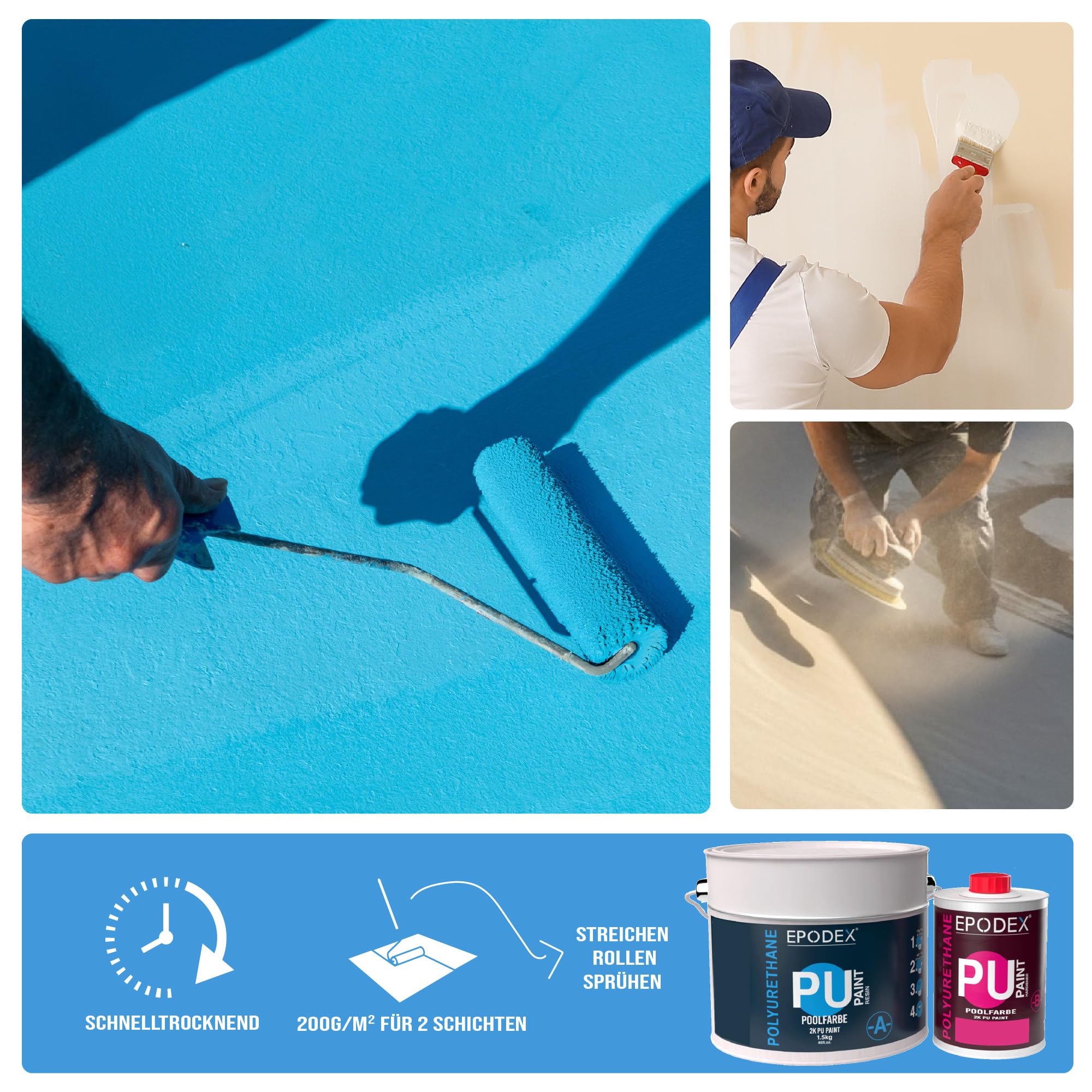 EPODEX Poolfarbe, Schwimmbadfarbe - Himmelblau Pastell | UV-beständig, elastisch & langlebig 2K PU Paint, für Beton-, Chlor- & Salzwasserpools, Matt, 2kg – deckt 9 m² (2 Anstriche)