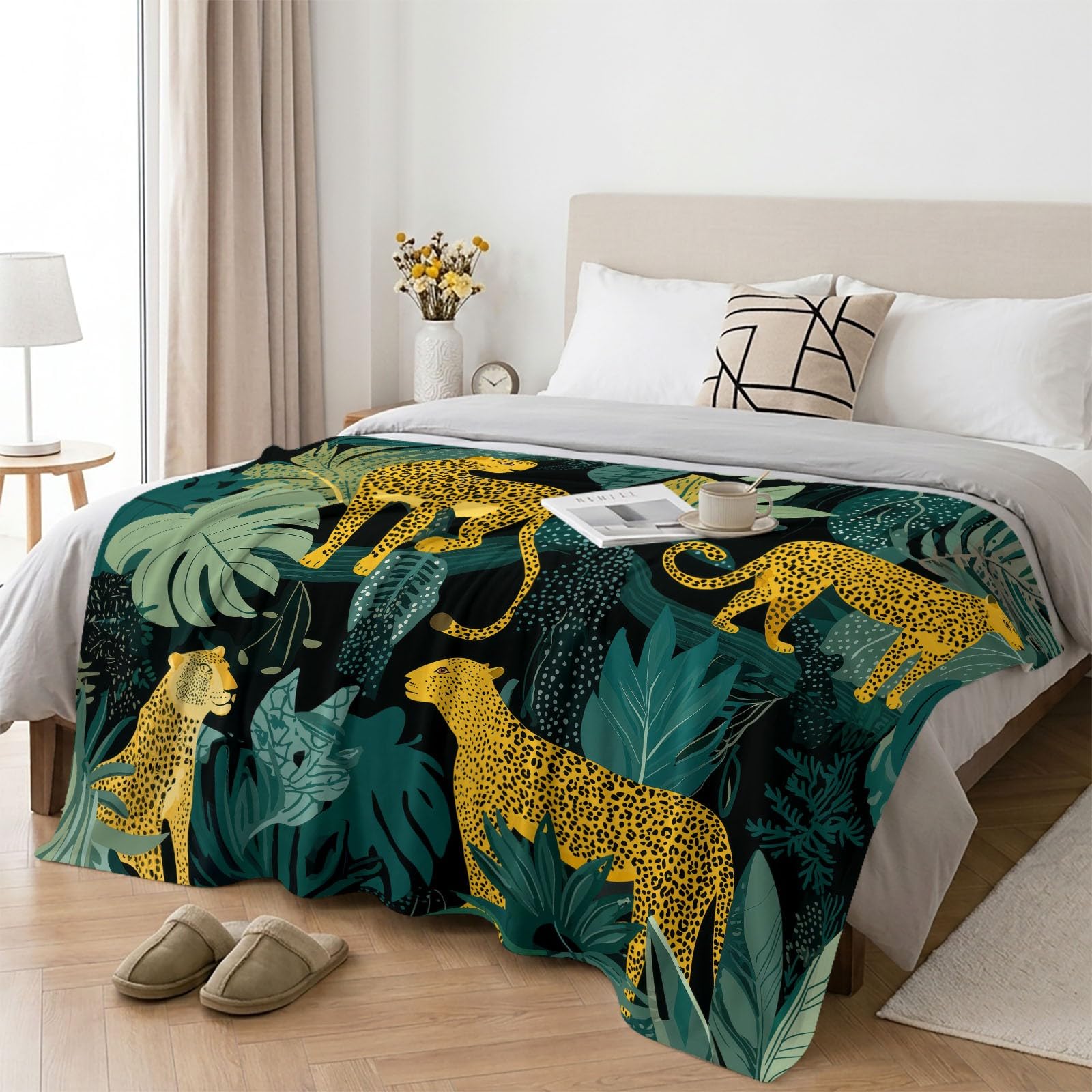 Manta polar con estampado de hojas tropicales de leopardo, mantas de franela, suave y cálido, estampado selva, manta esponjosa para niños adolescentes y adultos, verde oscuro 200 x 200 cm