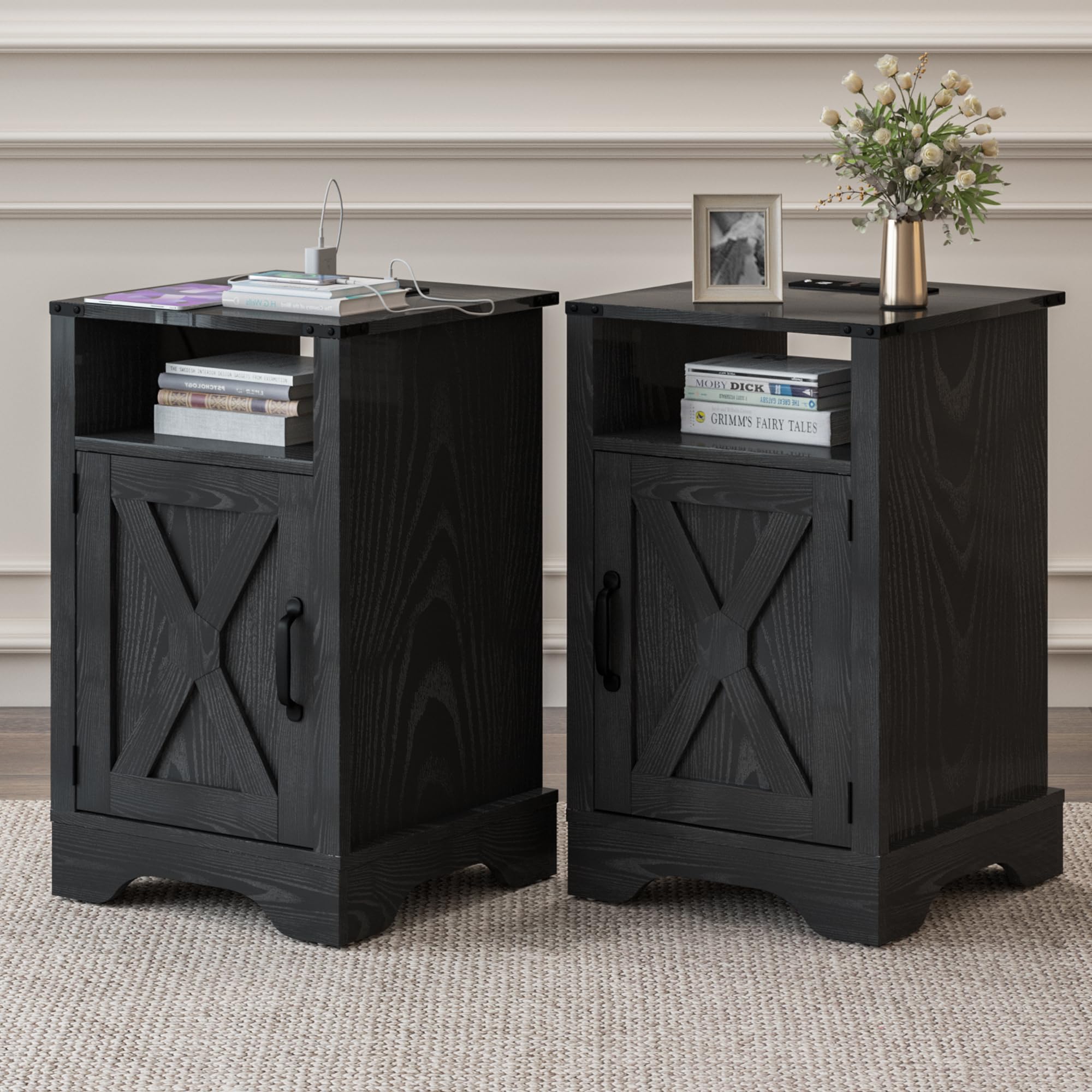 SUNVIVI Bedside Table with Charging Station, 2 AC Outlets & 2 USB Ports, Farmhouse Side Table with X-Design Storage Shelf, Nightstand with Barn Door Elements for Bedroom, Living Room, Black