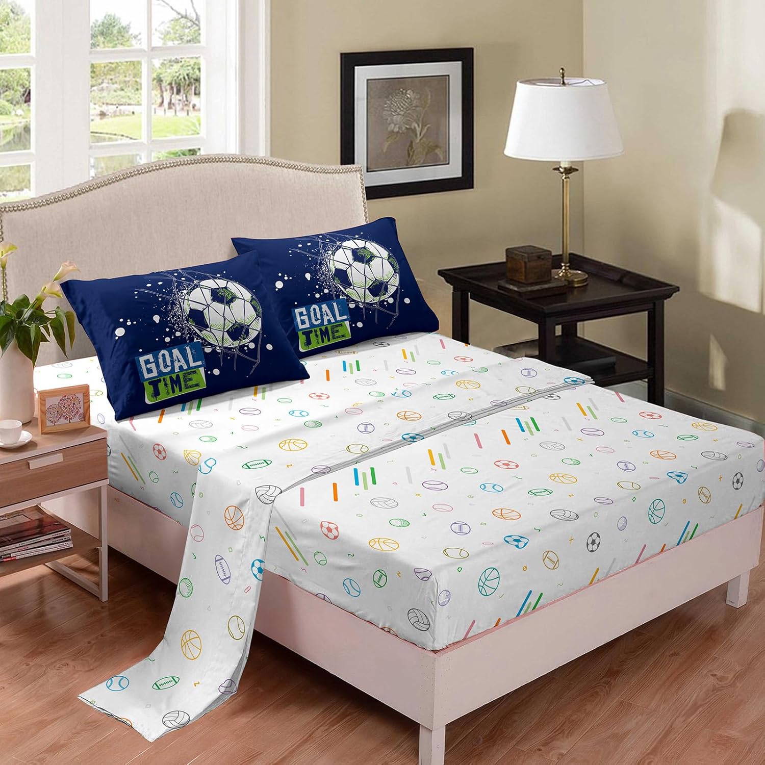 6 Piece Soccer Comforter Set Twin, Blue Soccer Theme Comforter, Soft Microfiber Soccer Bedding Set for Boys Kids (1 Comforter, 1 Flat Sheet, 1 Fitted Sheet, 2 Pillowcase and 1 Pillow Cover) - Image 4