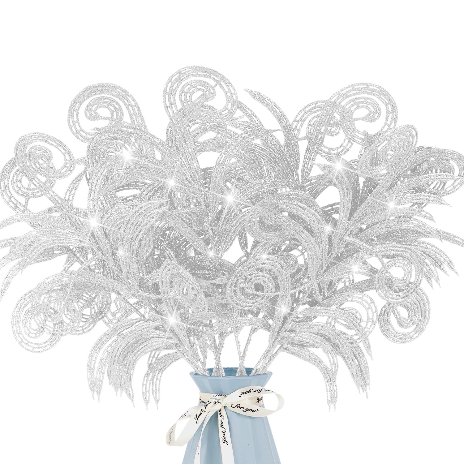 12 Pcs Glitter Christmas Leaves, Artificial Leaf Spray Picks Christmas Foliage Christmas Tree Filler Branches Christmas Wreath Decor for DIY Wreath Wedding Table Centerpiece Decorations (Silver)