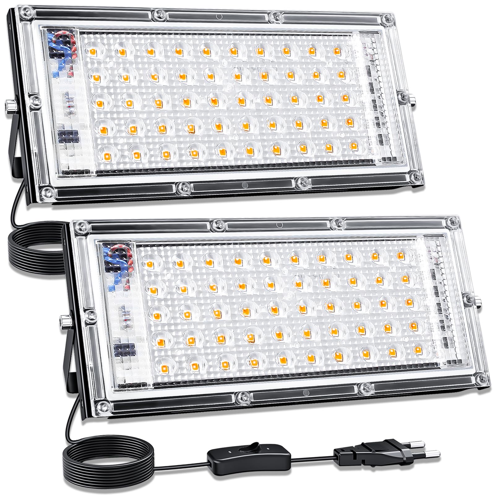 CREATESTAR Foco LED de 50W 2pcs, 3000K, Luz blanca cálida, Foco Led con Enchufe 5000lm IP65 Iluminación de Seguridad para Casa, Patio, Garaje, Terraza