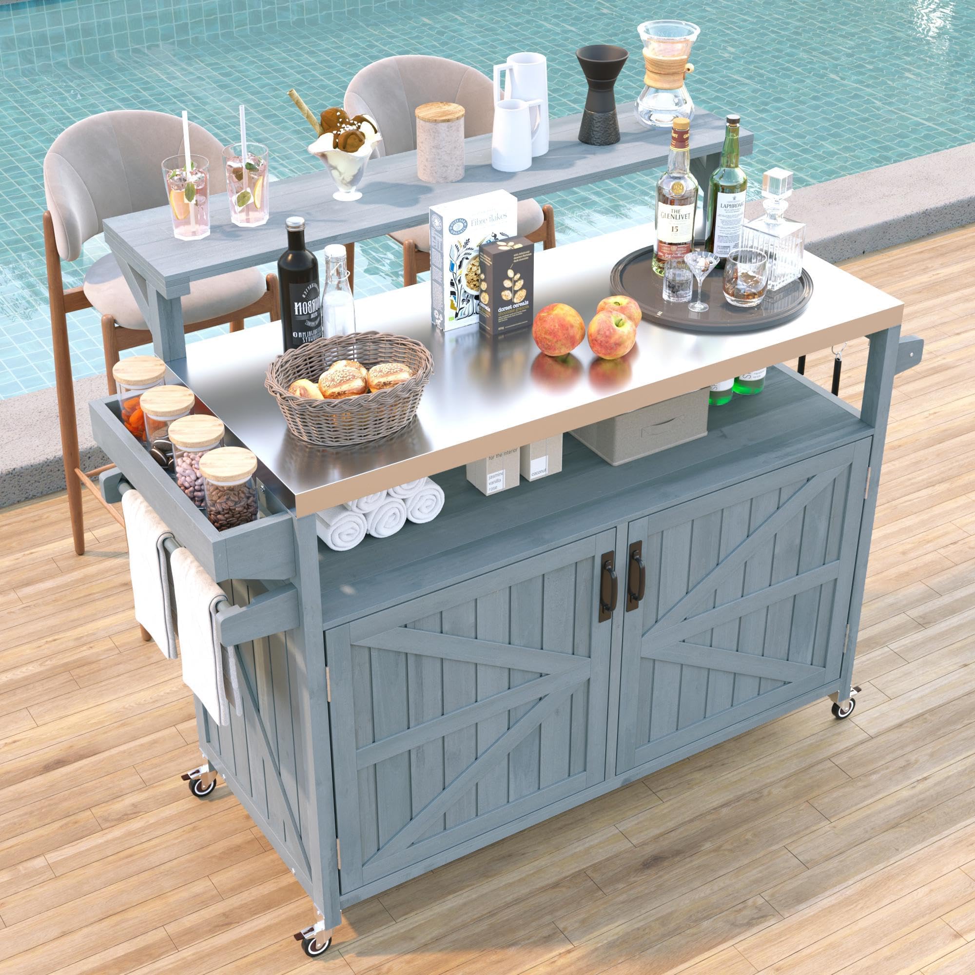 Kitchen Island with Raised Shelf, 53.3" Outdoor Rolling Grill Cart with Internal Storage Rack, Adjustable Shelf, Spice Rack, Gas Passage Design, Stainless Steel Top, Door Hooks (Blue/105)