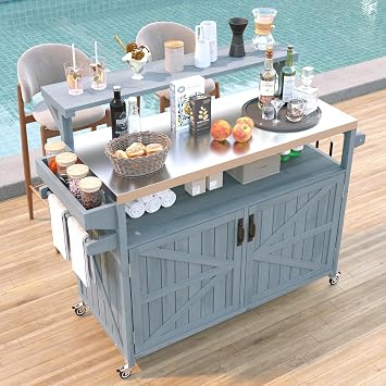 53.3" Outdoor Kitchen Island with Stainless Steel Top, Rolling Grill Cart with Adjustable Shelves, Raised Shelf, Lockable Wheels, Portable Outdoor Table and Bar Storage Cabinet for Patio