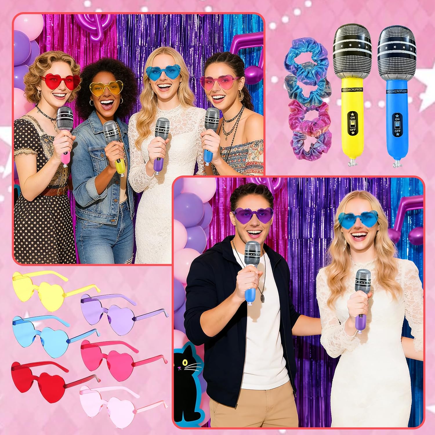 36pcs K-pop Party Favors, Kpop Party Supplies Set Includes 12Inflatable 12 Microphones Heart Sunglasses and 12Holographic Scrunchie, 80s 90s Cosplay Disco Stage Decoration Supplies
