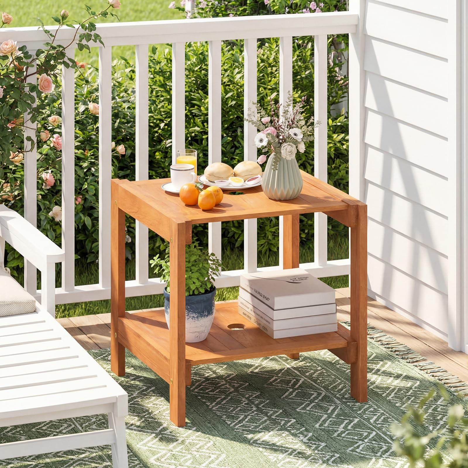 COSTWAY Tavolino da Esterno con Foro per Ombrellone 4 cm, Tavolo da Balcone in Legno Massello, a 2 Ripiani, Salvasapzio, per Giardino, Terrazzo, Cortile, Portata 40 kg, 51 x 48 x 45 cm