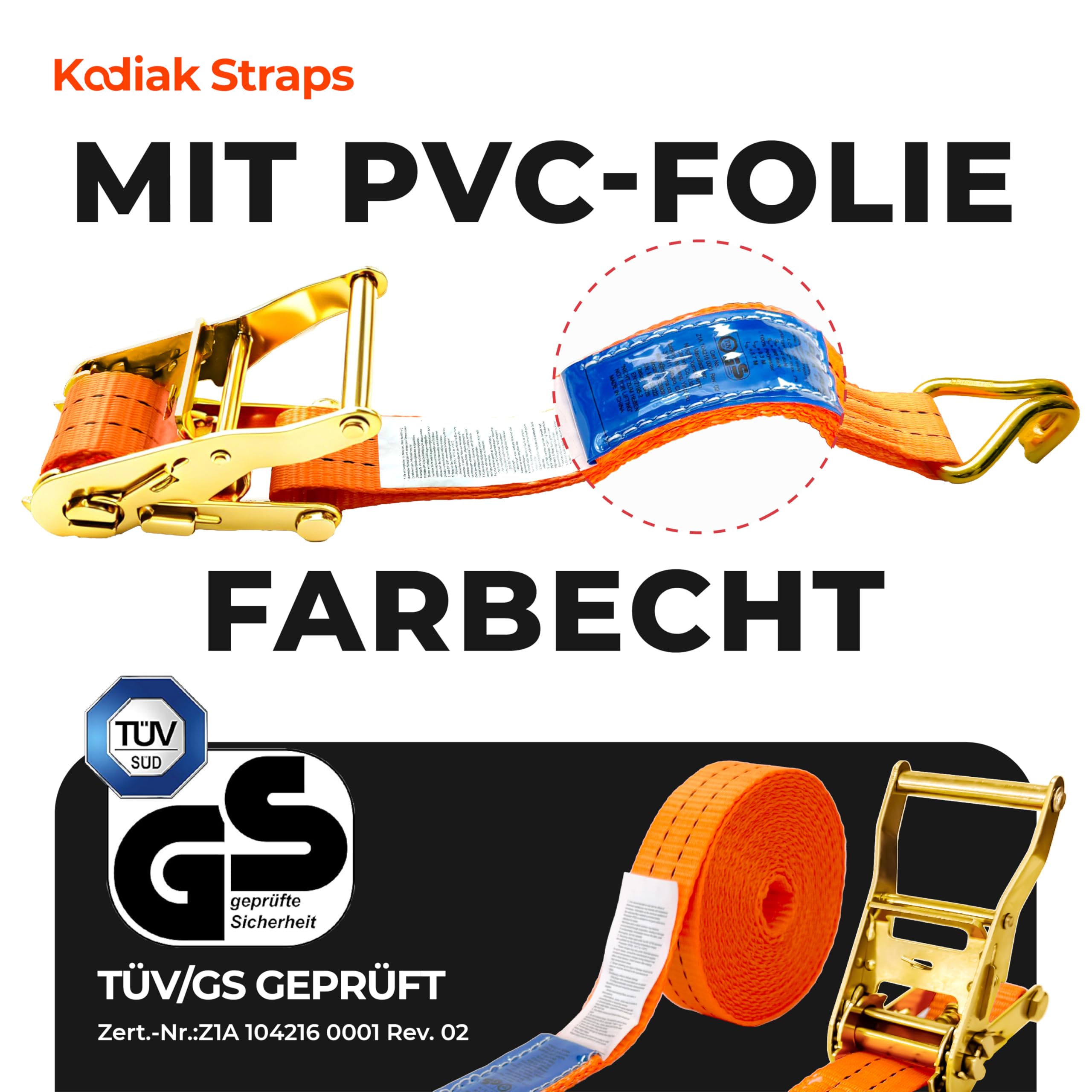 10 Sztuk Pasów Mocujących 6m x 2000kg z Grzechotką i Hakami - 35mm Pasy Transportowe z Zaciskiem - Pomarańczowy Pas Ściągający do Ładunku - Certyfikat TÜV/GS, zgodny z DIN EN 12195-2 - KODIAK STRAPS
