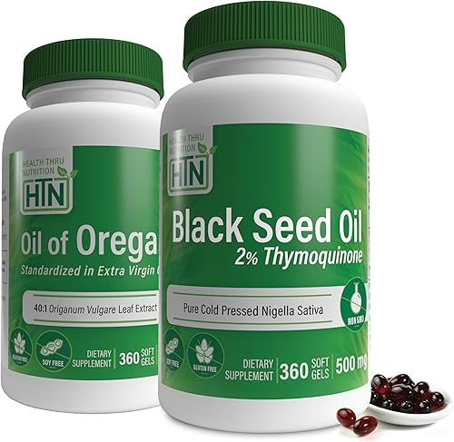 Health Thru Nutrition Suministro de un año - Aceite de orégano  Aceite de semilla negra premium  Alta potencia  Probado por terceros