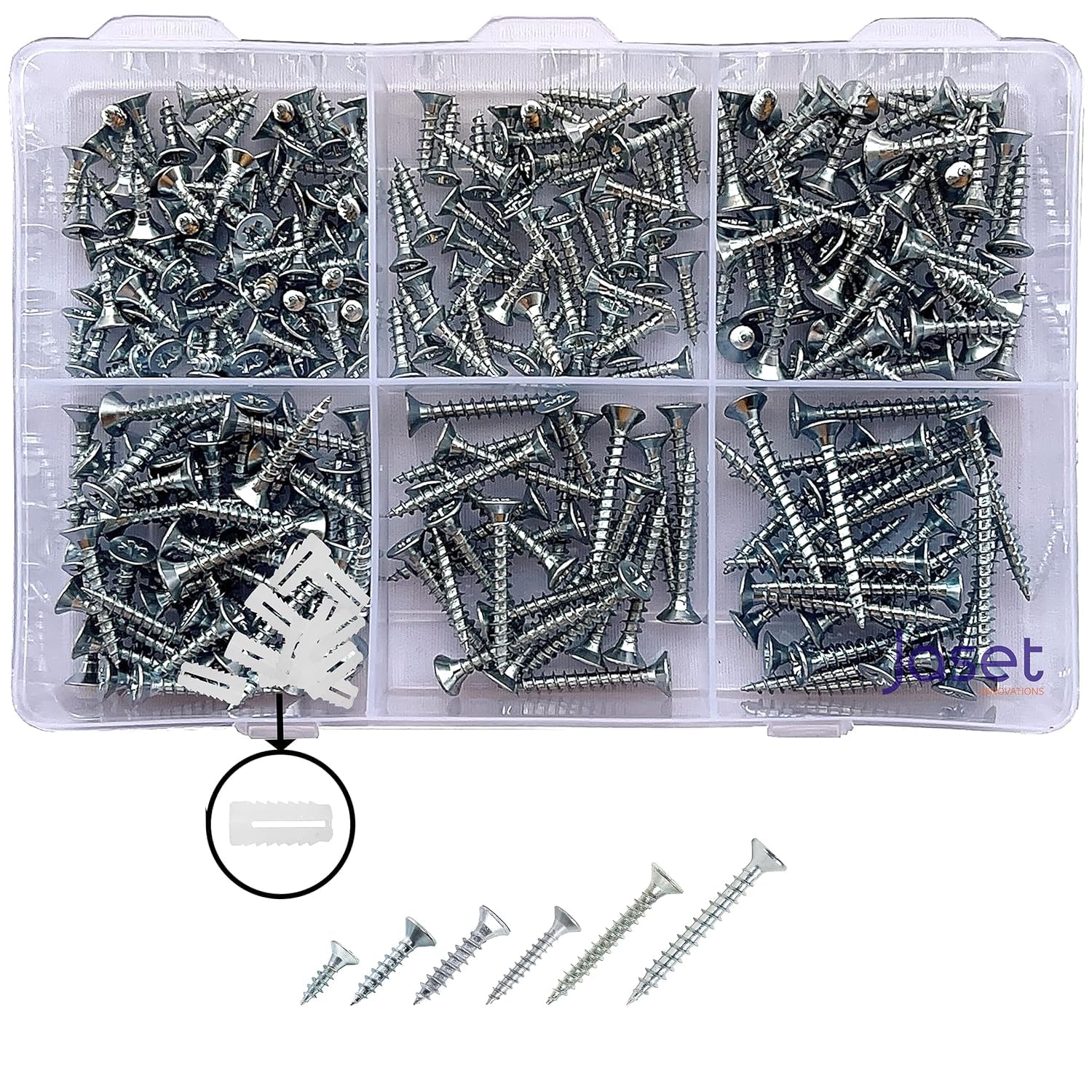 Innovations Chipboard Screw with SAW Thread and Nylon Wood Dowel – White Zinc Plated – Flat Pozidriv Counter Sunk Head – Assorted Small Sizes – Pack of 258 pcs-image-39