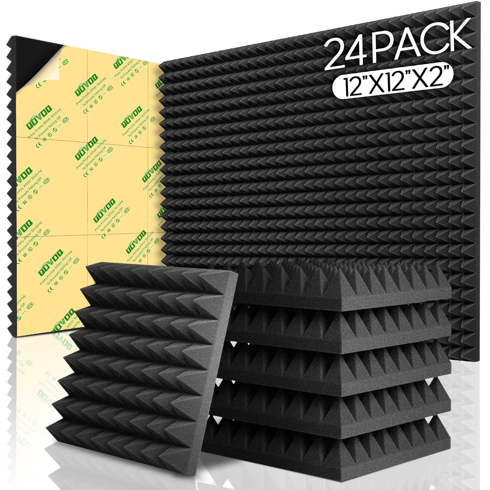 24 Pack Sound Proof Foam Panels for Walls, Pyramid Acoustic Wall Panels Self-Adhesive, 12x12x0.4 Inch High Density Sound Panels Noise Reducing, Fast Expand Wall Soundproofing Panels for Studio