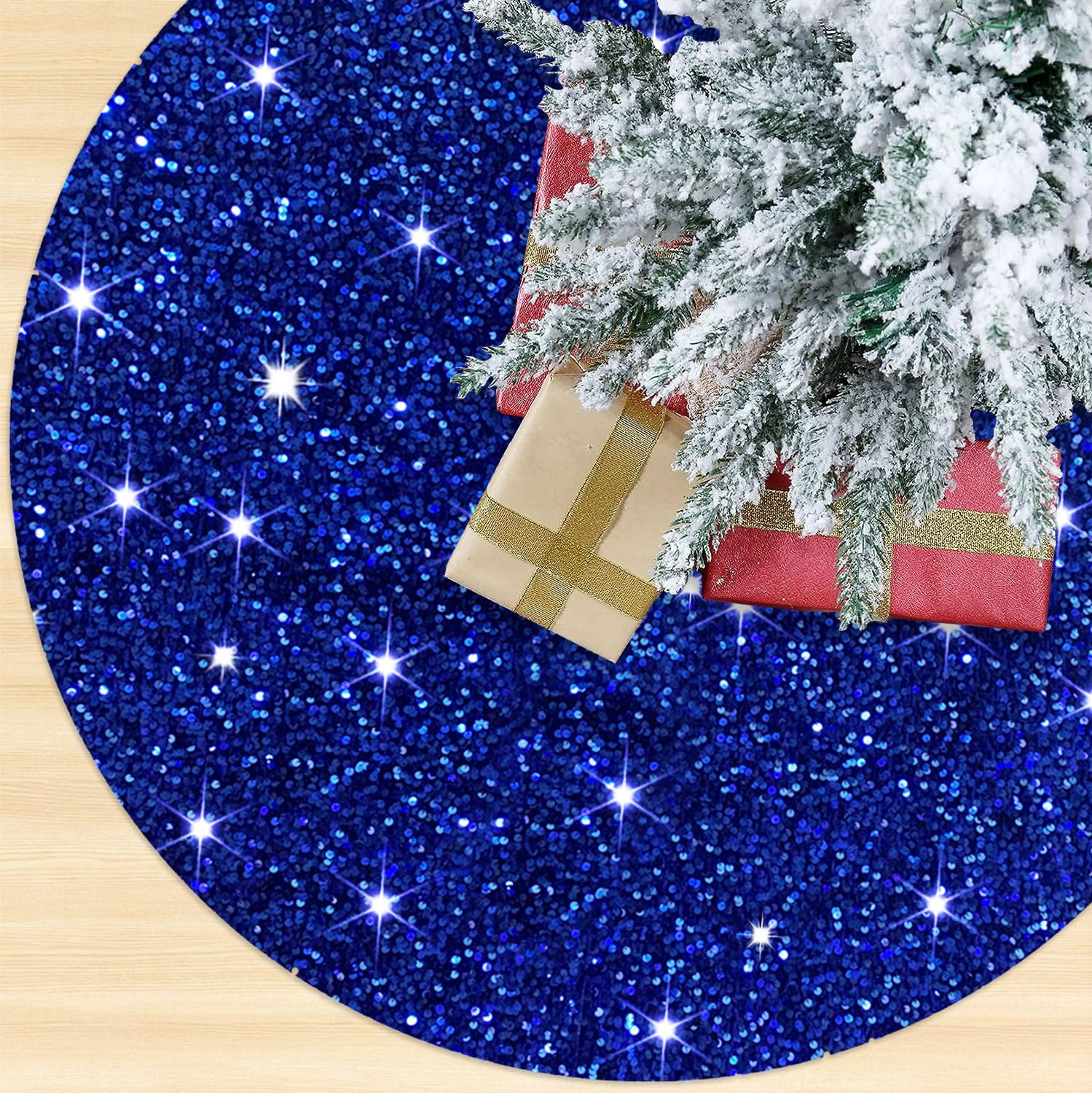 Gireshome 42 Inch Blue Sparkle Christmas Tree Skirt - Sequin Center With Faux Silk Satin Border, Holiday Decor