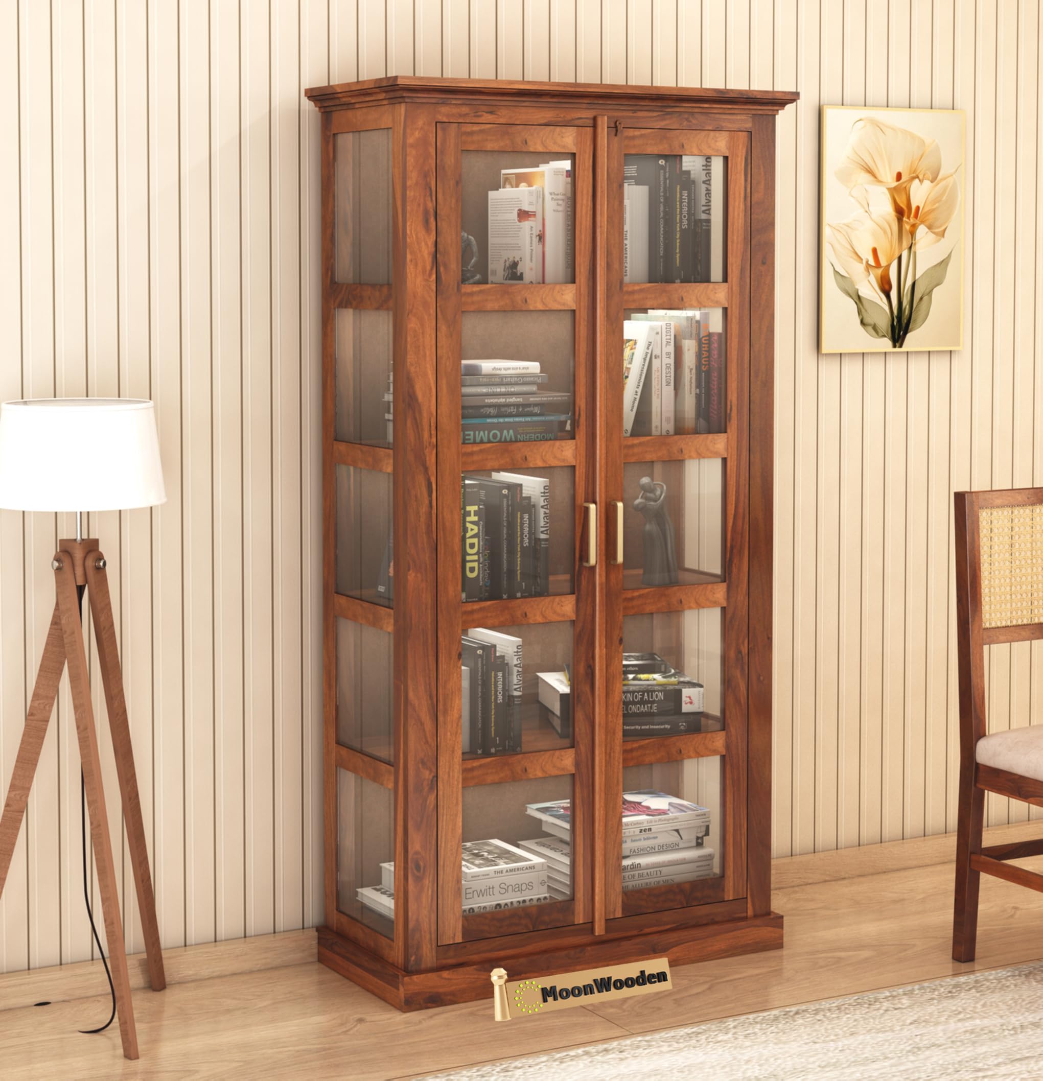 MoonWooden Sheesham Wooden Crockery Cabinets with Glass Door | Wooden Showcase Almirah | Solid Wood Book Shelf Crockery Unit for Kitchen Living Room-image-14