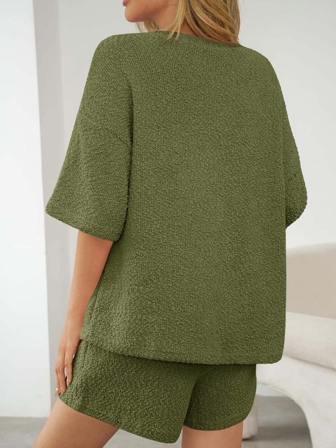 Tankaneo Womens 2 Piece Outfits Lounge Sets 3/4 Sleeve Oversized Tops and Elastic Waist Shorts Pajama Sets Loungewear - Image 4