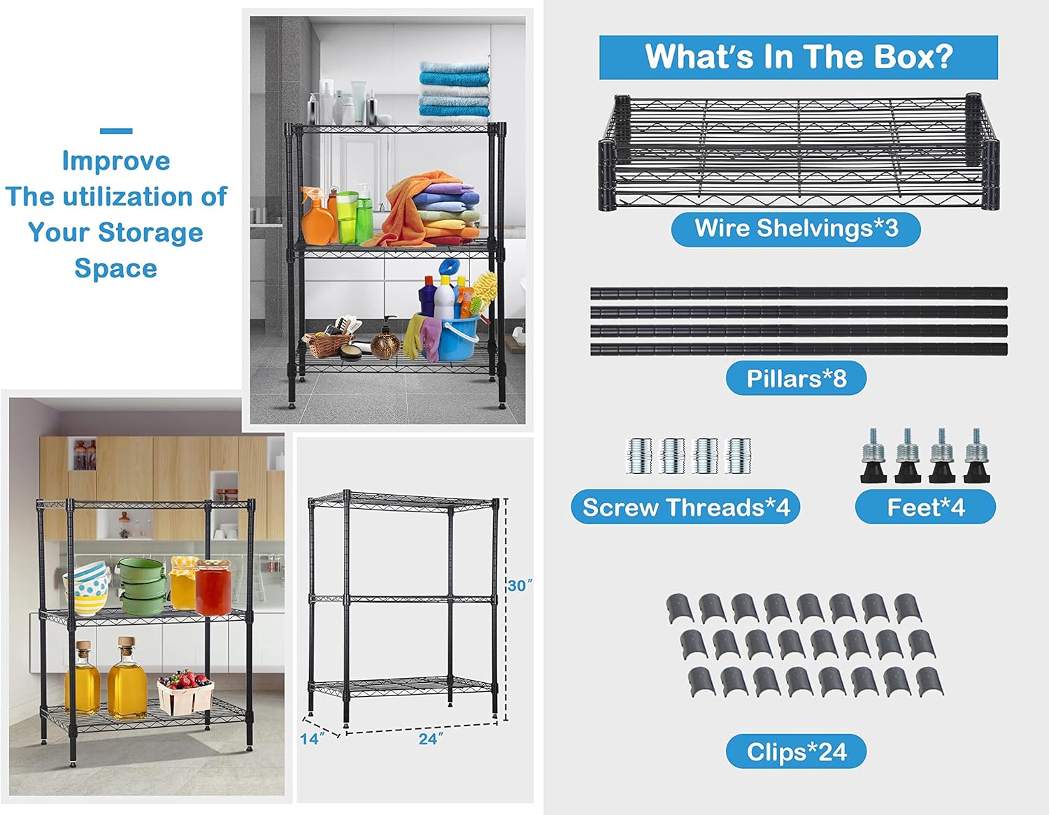 3-Tier Storage Shelves Metal Shelving Units, 450 Lbs Capacity Wire Shelf Storage Rack Utility Shelf with Adjustable Feet, Heavy Duty Shelving Unit for Pantry Garage Kitchen, 24"Lx14"Wx30"H, Black