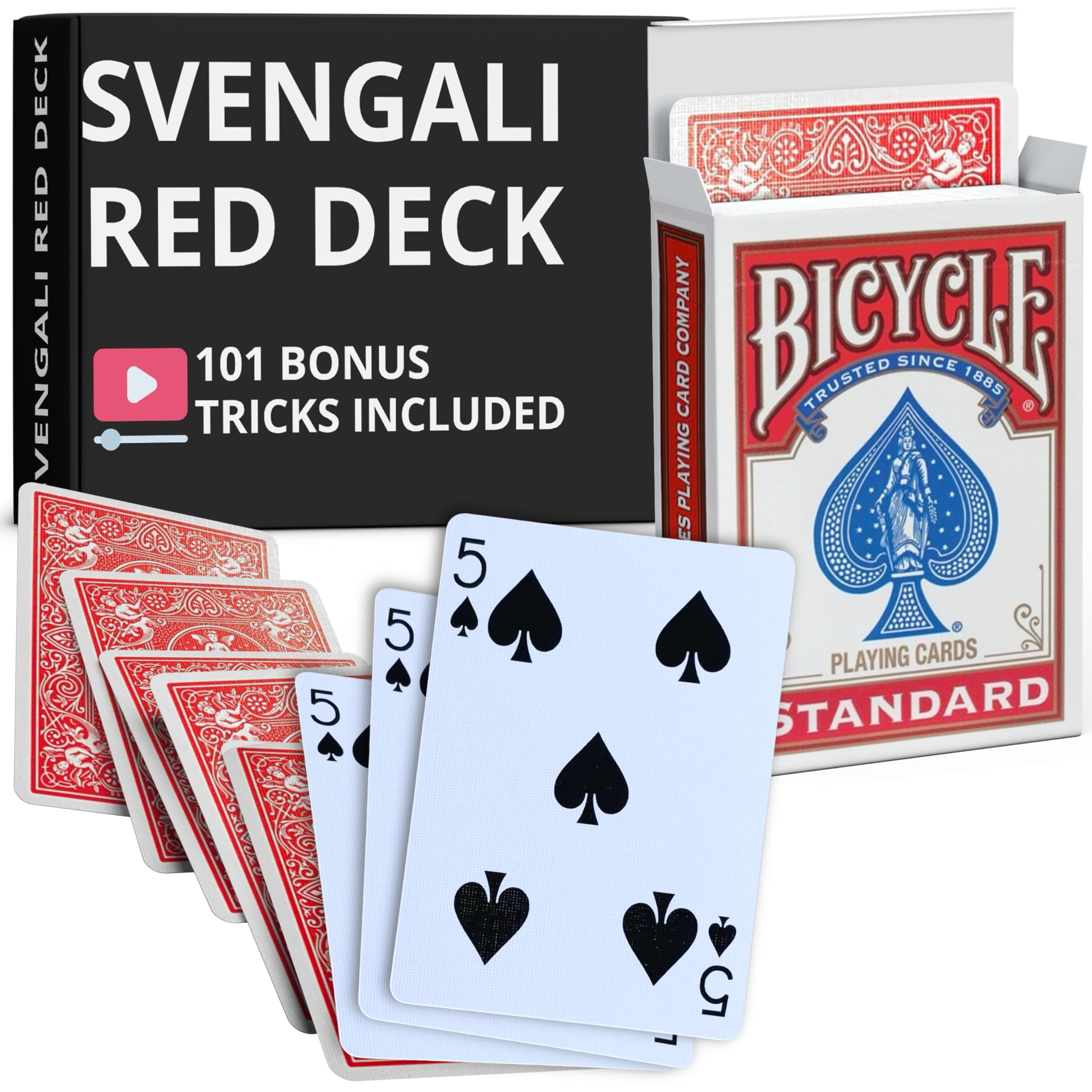 Ted's Sterling Magic Precision Red Rider Back Bicycle Svengali Deck with Instructions for 100+ Tricks (5 of Spades)