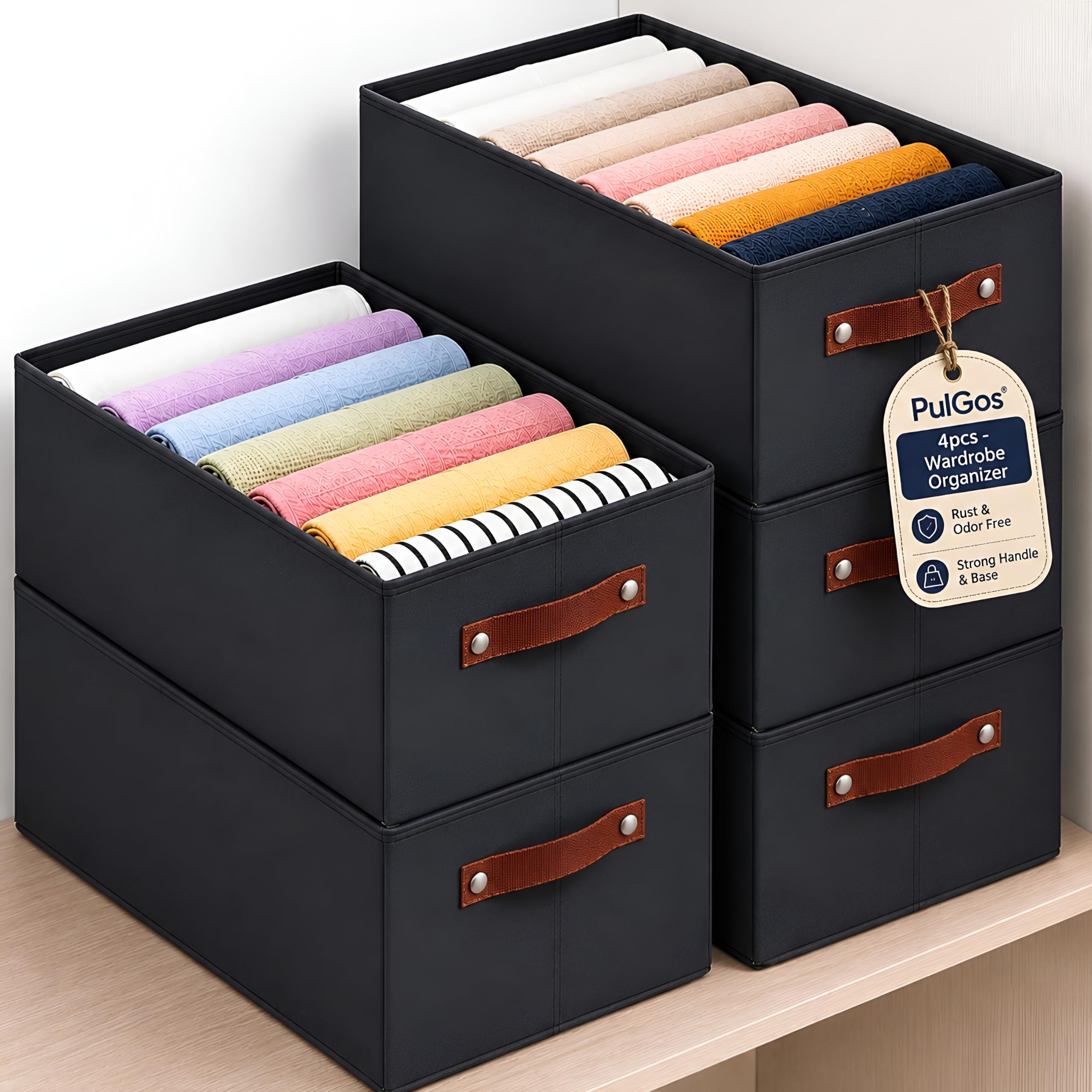 PulGos 4 Pcs Wardrobe Organizer for Storage |𝐑𝐮𝐬𝐭-𝐅𝐫𝐞𝐞 & 𝐎𝐝𝐨𝐮𝐫-𝐅𝐫𝐞𝐞 Foldable Cloth Organiser| Storage Box |Stackable Space-Saving & Multipurpose Organizers Boxes for Home & Office Use
